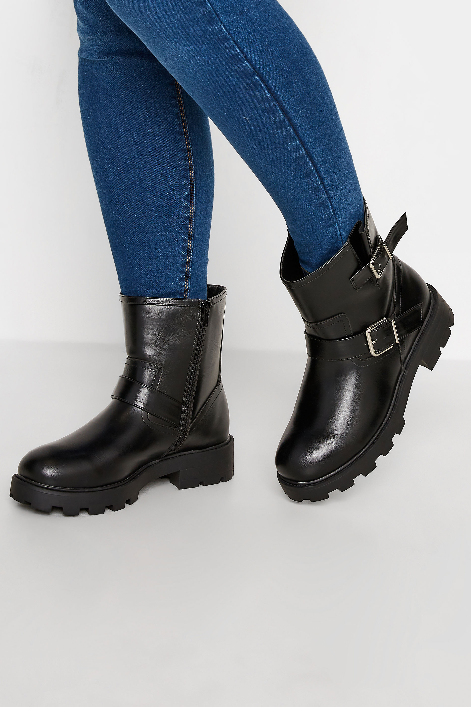 Black Buckle Biker Boot In Wide E Fit & Extra Wide EEE Fit | Yours Clothing 1