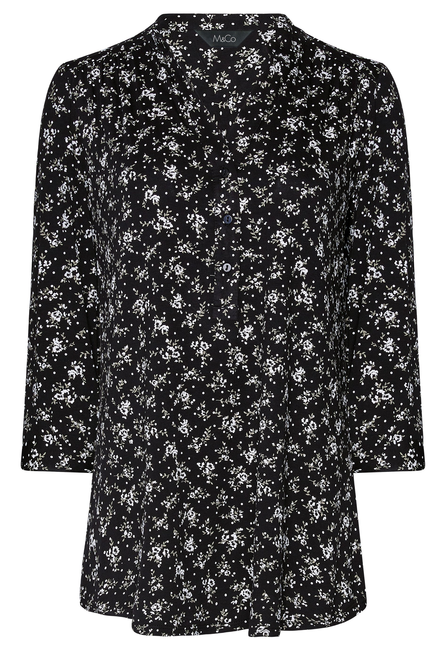 M&CO Women's Black Floral Print Half Placket Jersey Shirt | M&Co