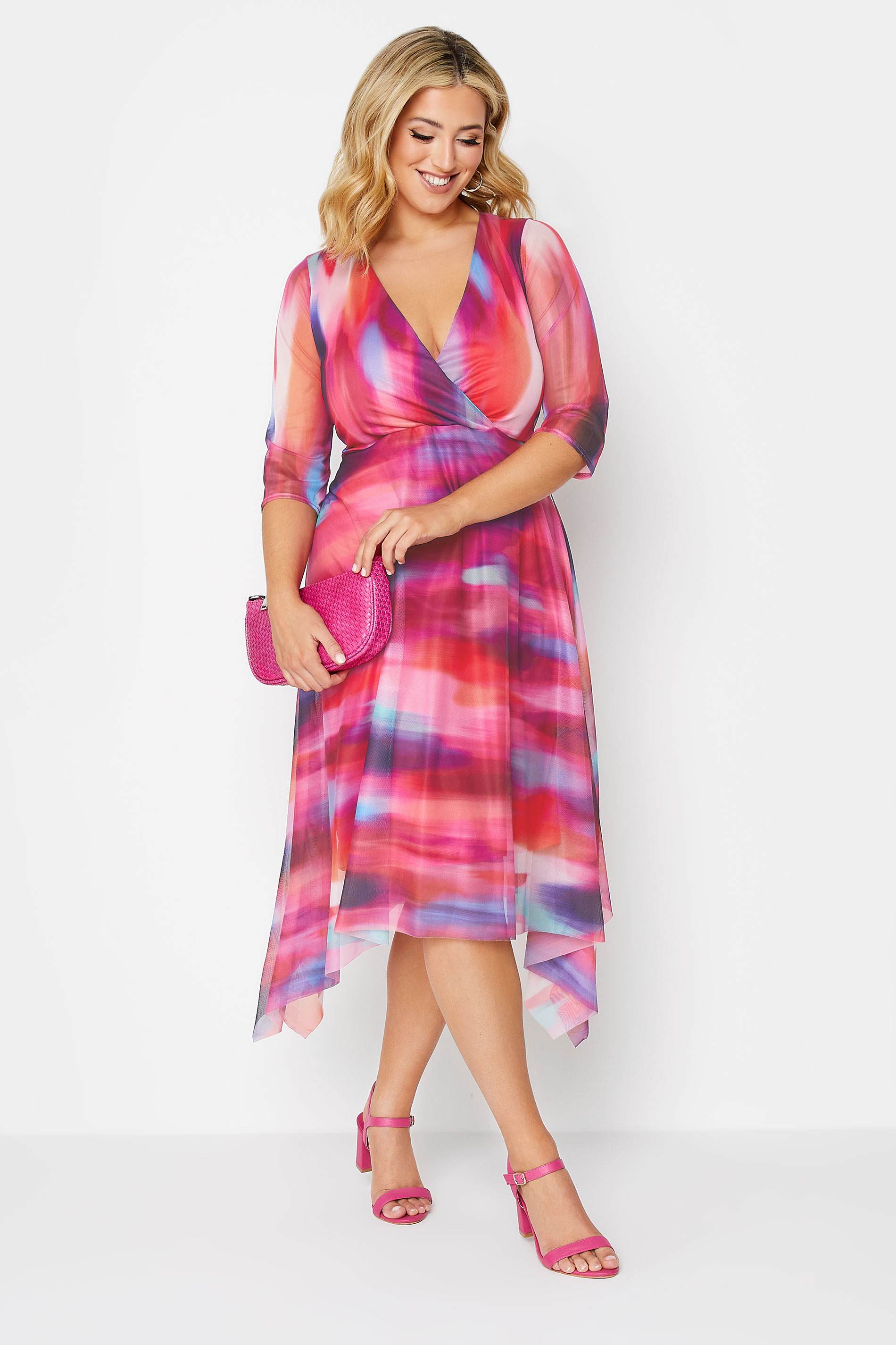 YOURS LONDON Plus Size Pink Abstract Print Mesh Wrap Dress | Yours Clothing
