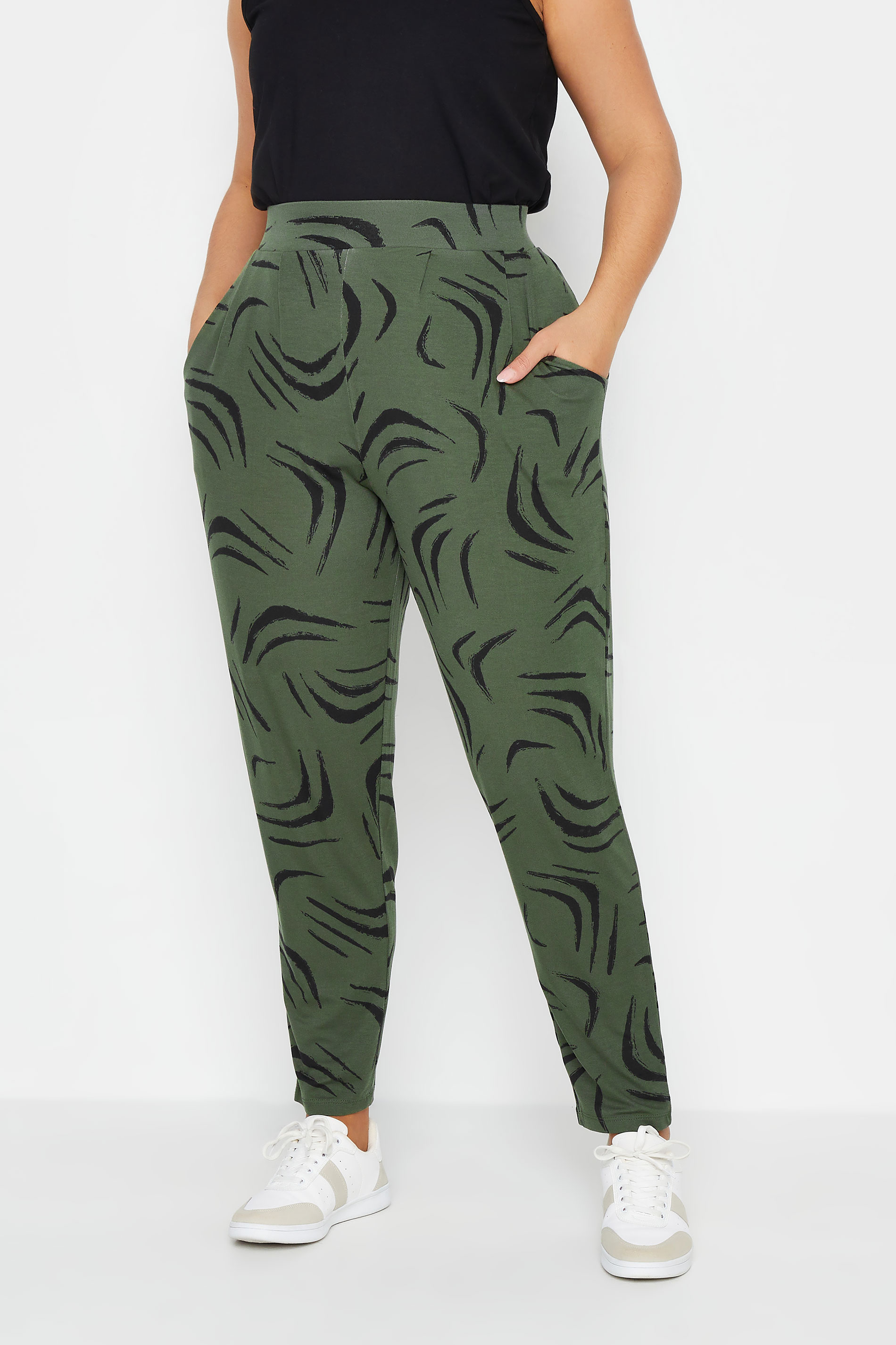 YOURS Plus Size Khaki Green Double Pleated Harem Trousers | Yours Clothing 1