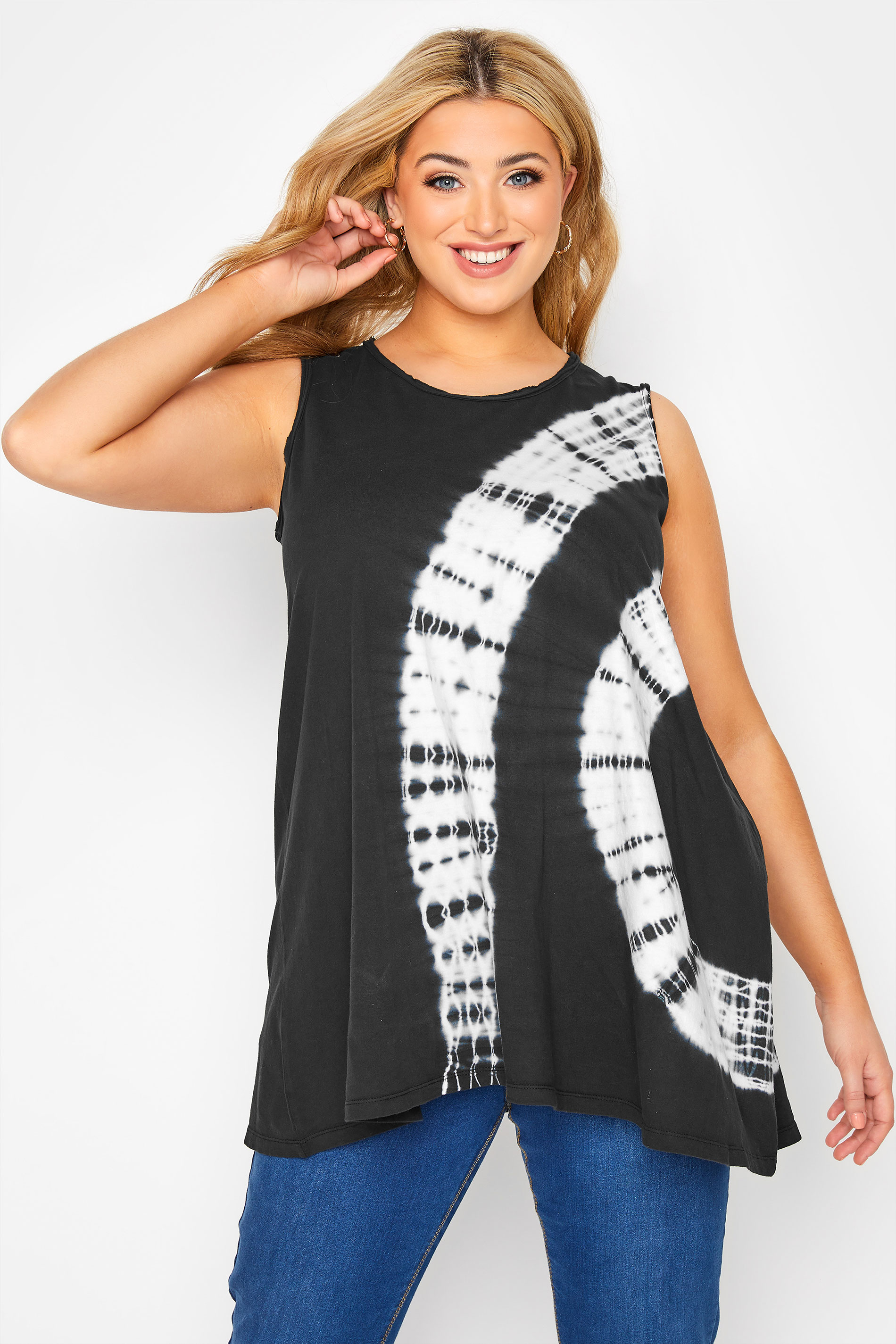 Plus Size Black & White Tie Dye Vest Top | Yours Clothing  1