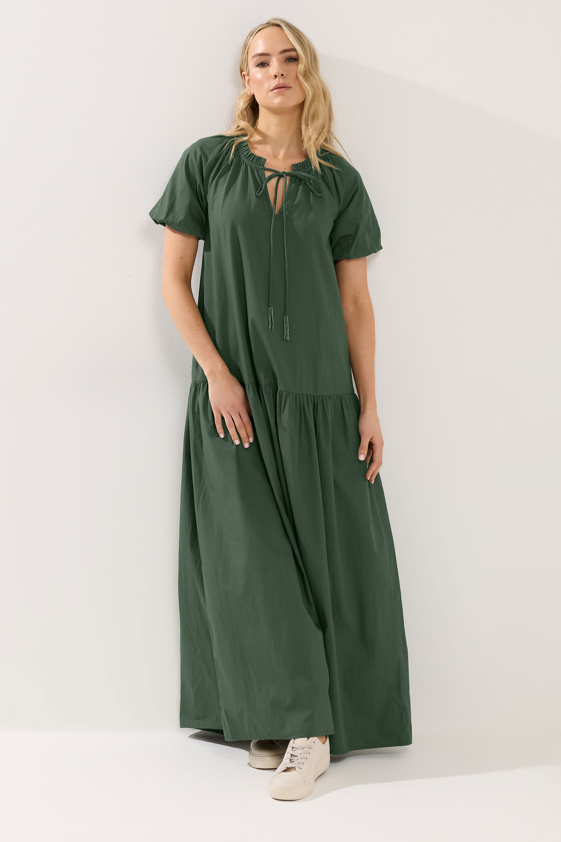 LTS Tall Women's Forest Green Puff Sleeve Cotton Maxi Dress | Long Tall Sally  1