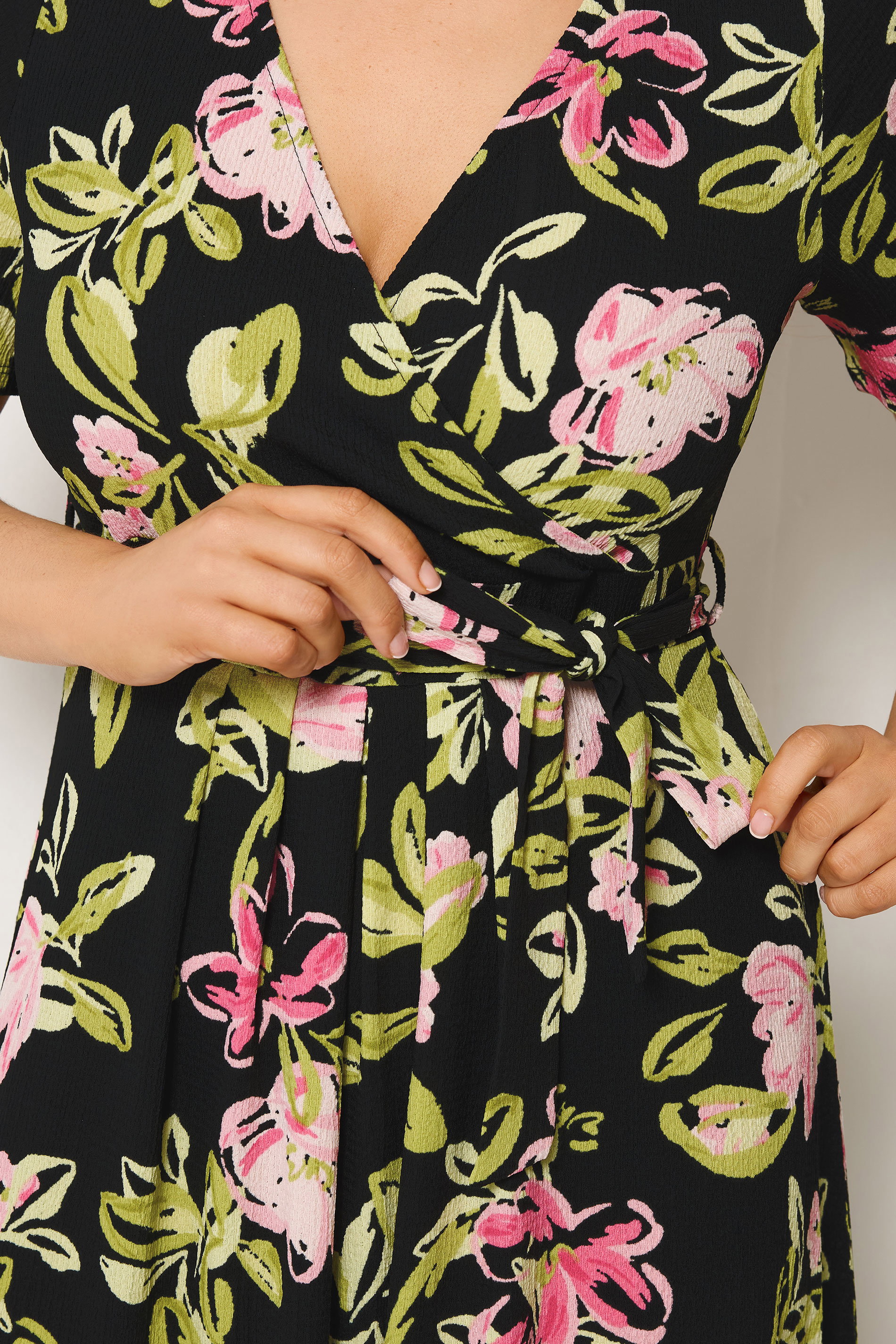 YOURS Plus Size Black Floral Wrap Front Textured Dress | Yours Clothing 4