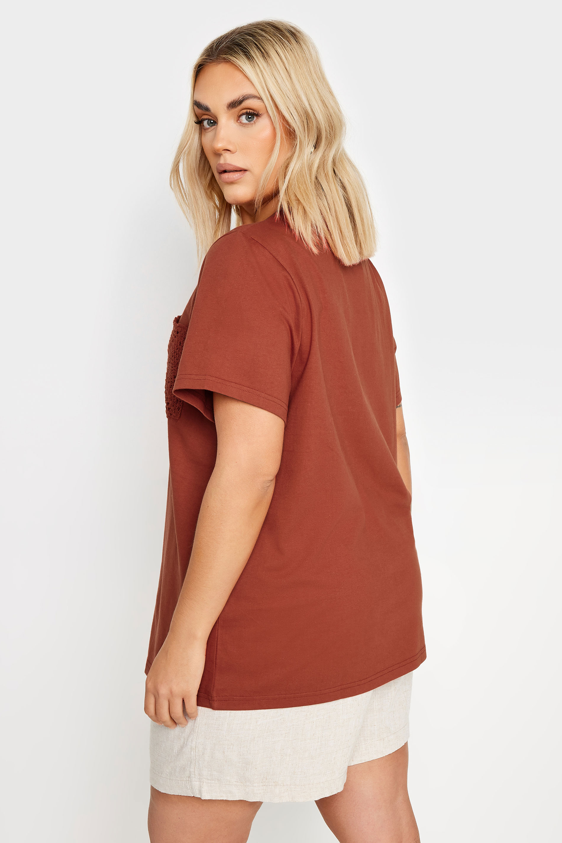 YOURS Plus Size Rust Orange Crochet Pocket T-Shirt | Yours Clothing 3