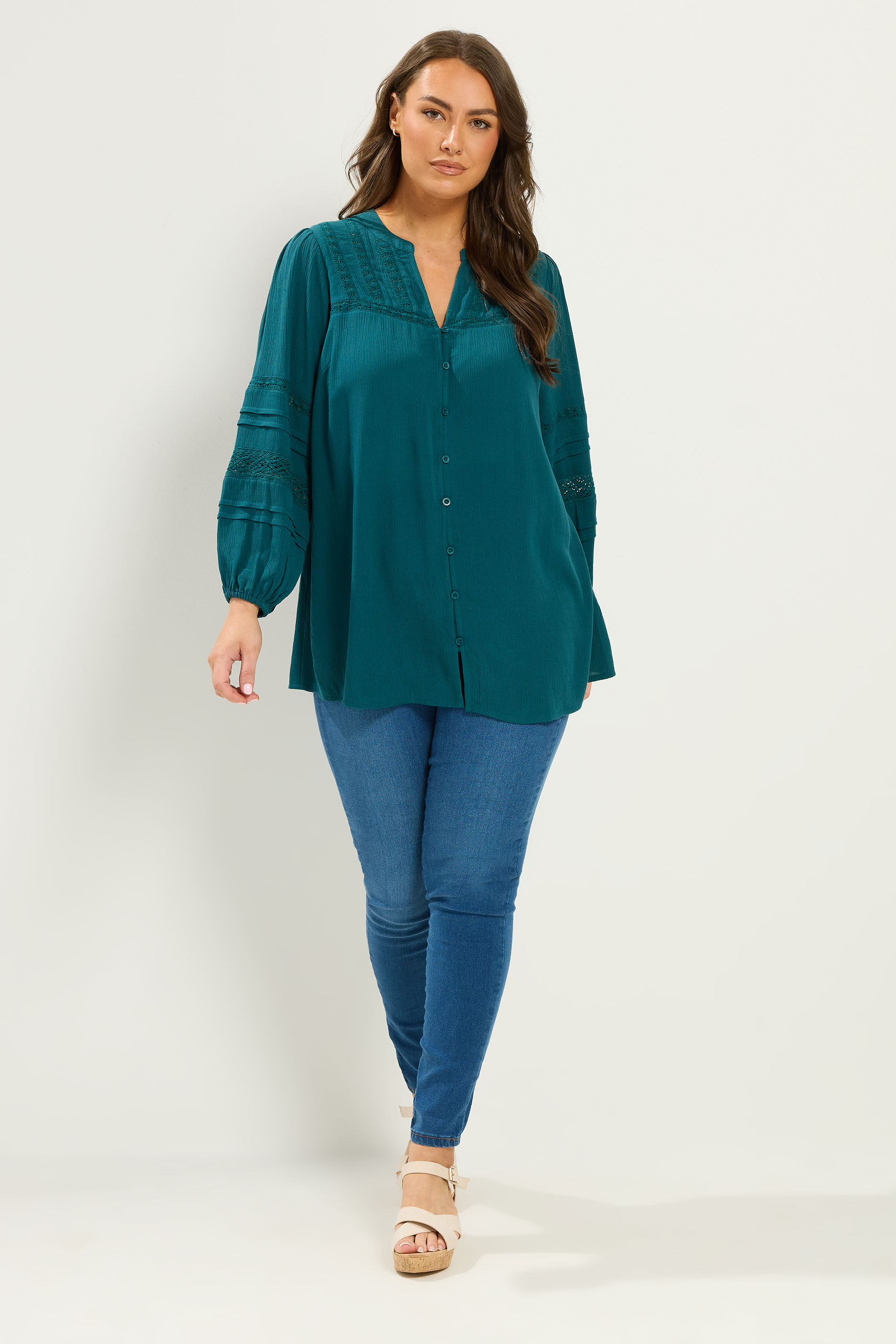 YOURS Curve Teal Blue Notch Neck Crochet Blouse | Yours Clothing  1