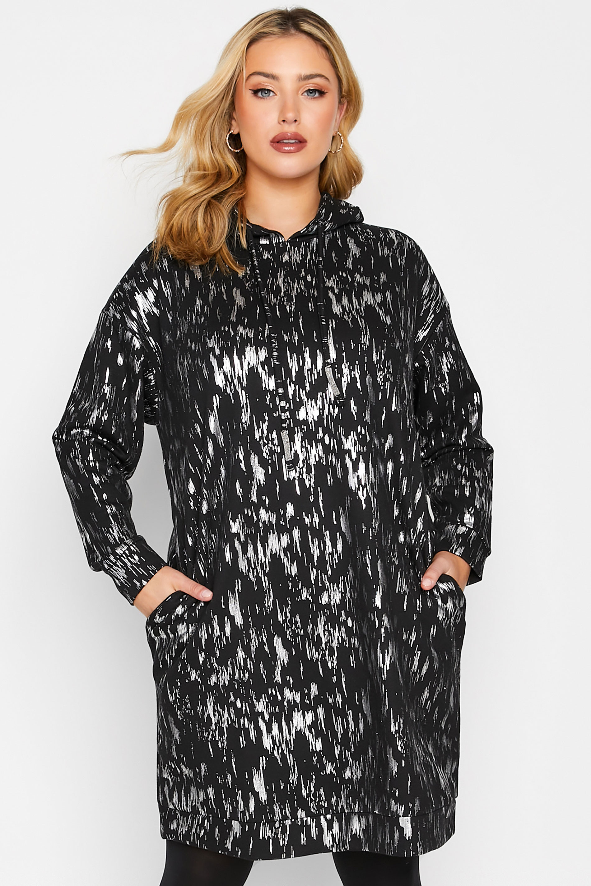 YOURS LUXURY Curve Black Foil Printed Hoodie Dress | Yours Clothing 1