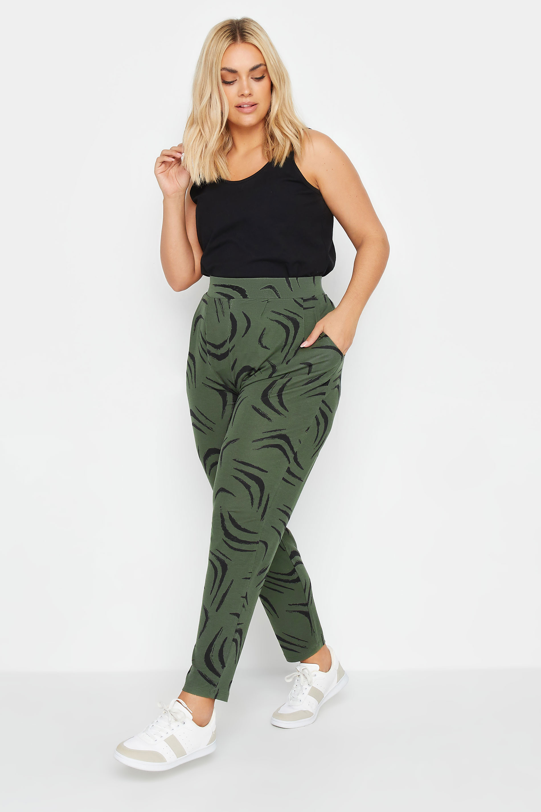 YOURS Plus Size Khaki Green Double Pleated Harem Trousers | Yours Clothing 2
