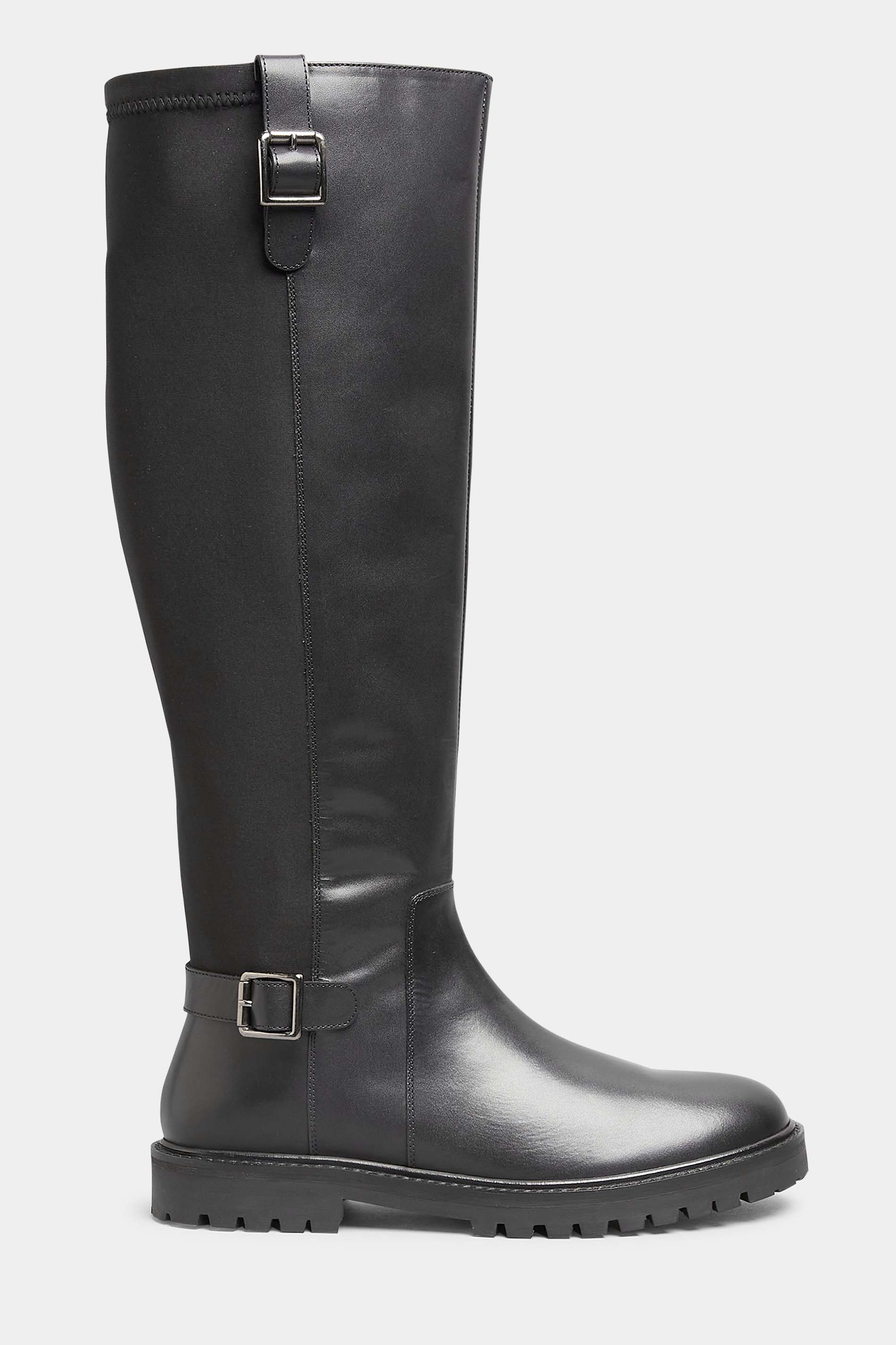 LTS Black Buckle Leather Knee High Boots In Standard Fit | Long Tall Sally