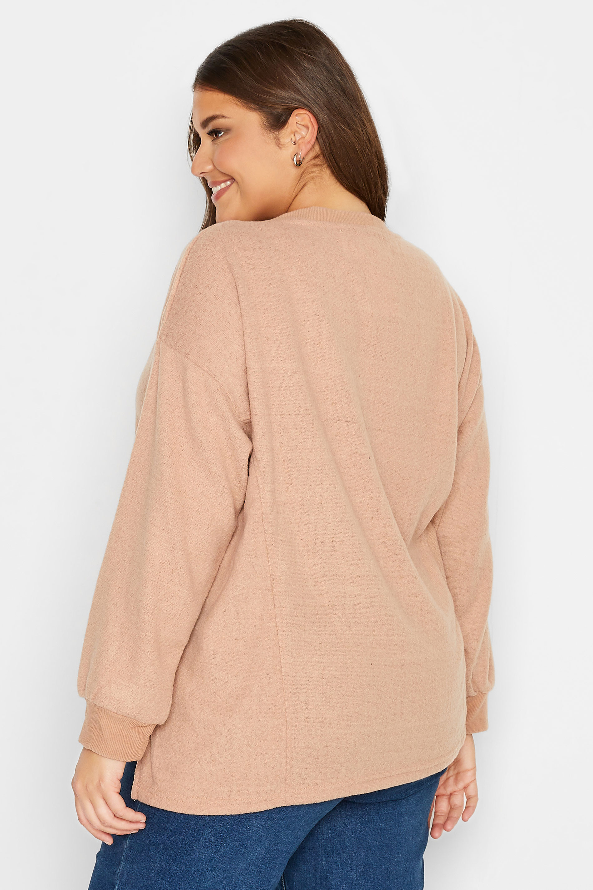 Plus Size Beige Brown V-Neck Soft Touch Fleece Sweatshirt | Yours Clothing 3