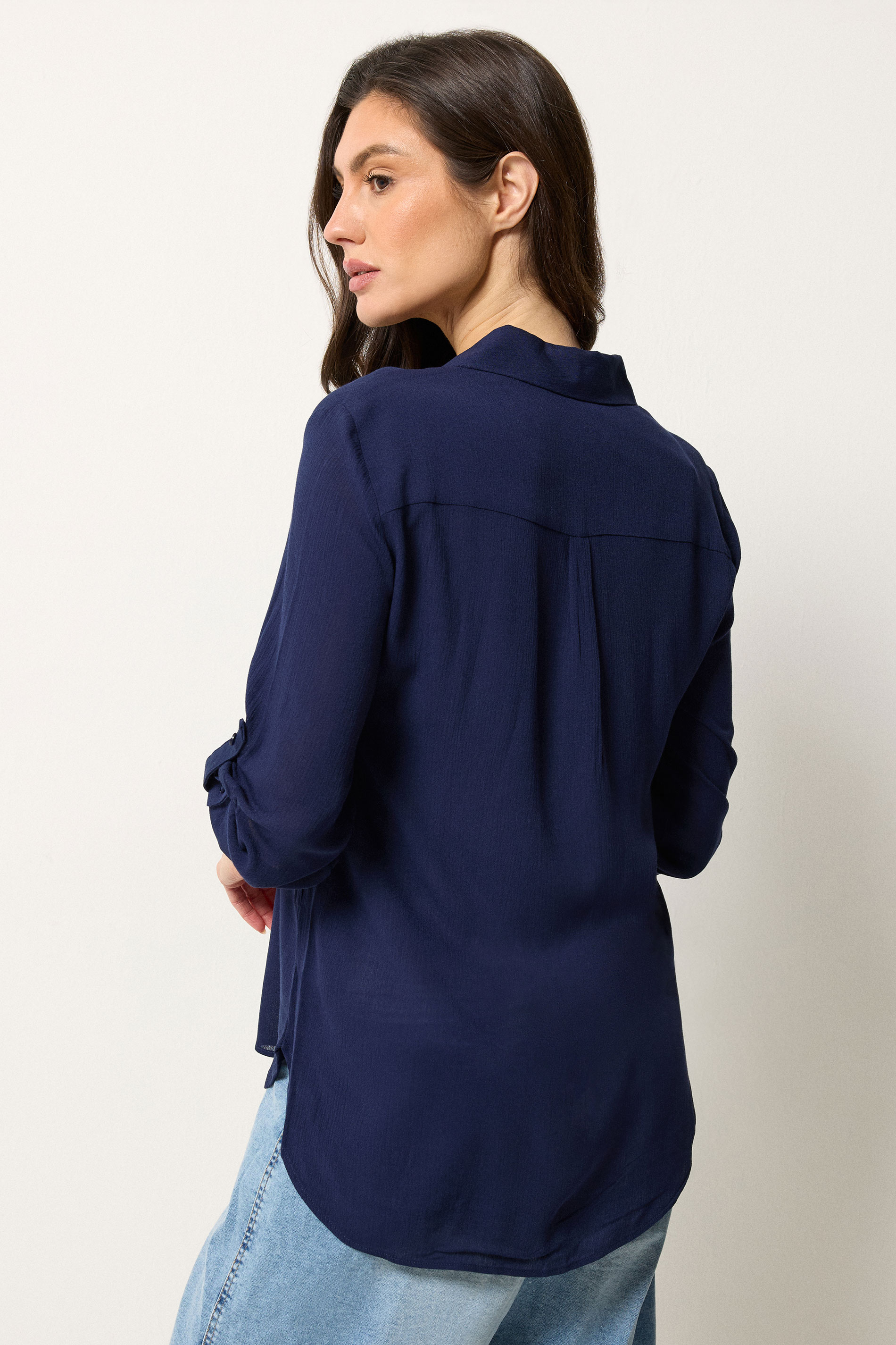 M&Co Navy Blue Crinkle Tab Sleeve Shirt | M&Co 2