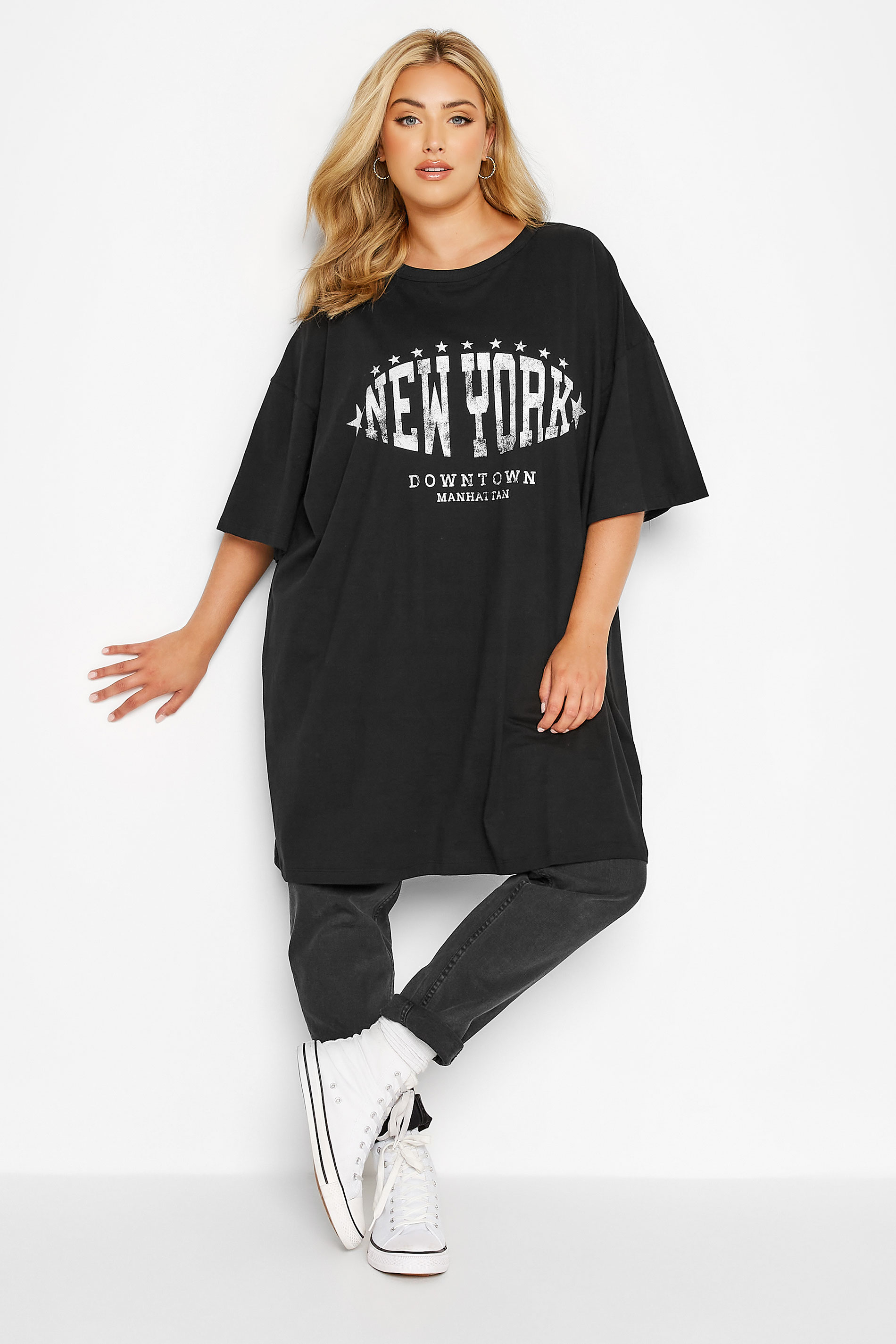 Plus Size Black 'New York' Oversized Tunic T-Shirt Dress | Yours Clothing 1