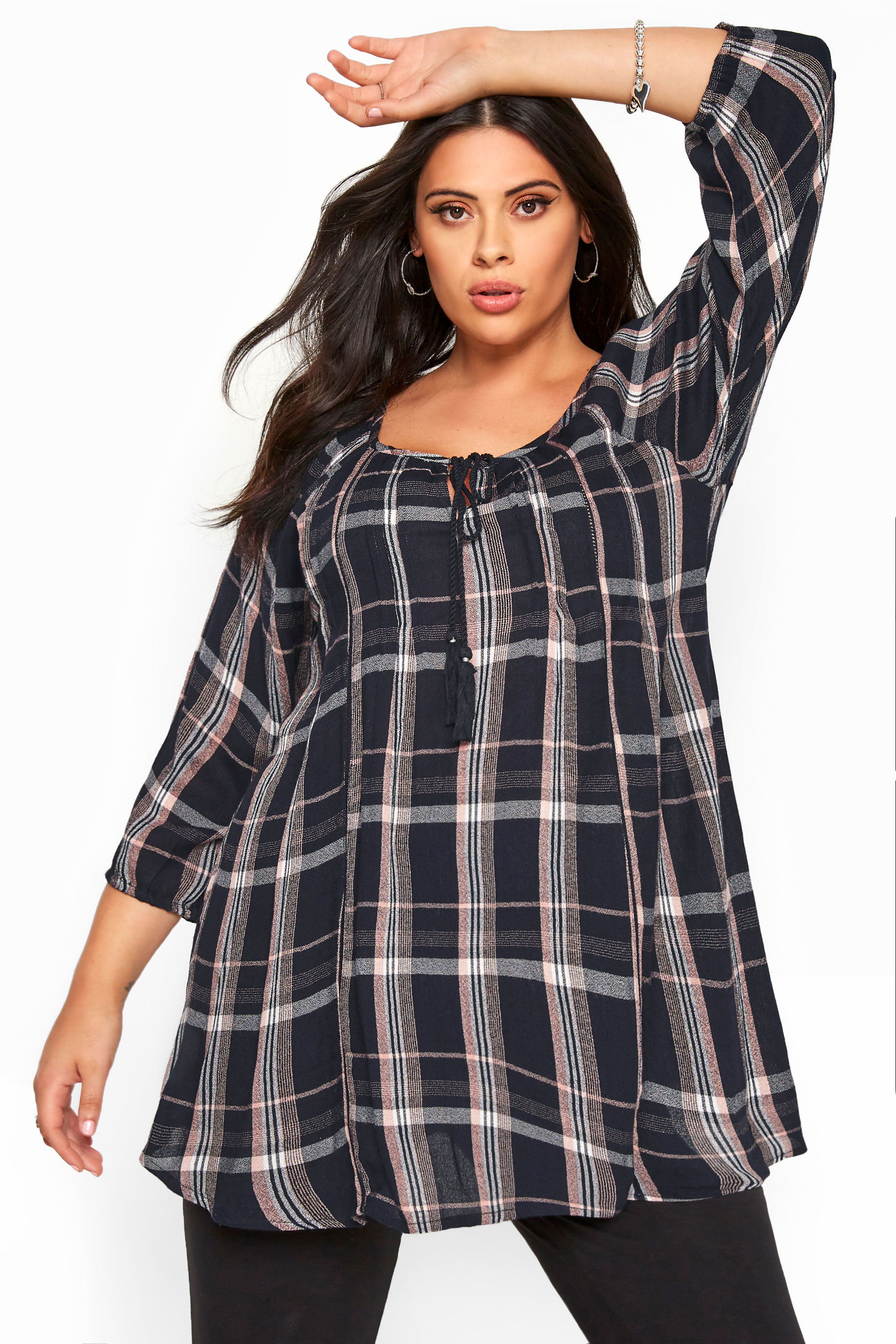 Navy Check Tie Neck Gypsy Top | Yours Clothing