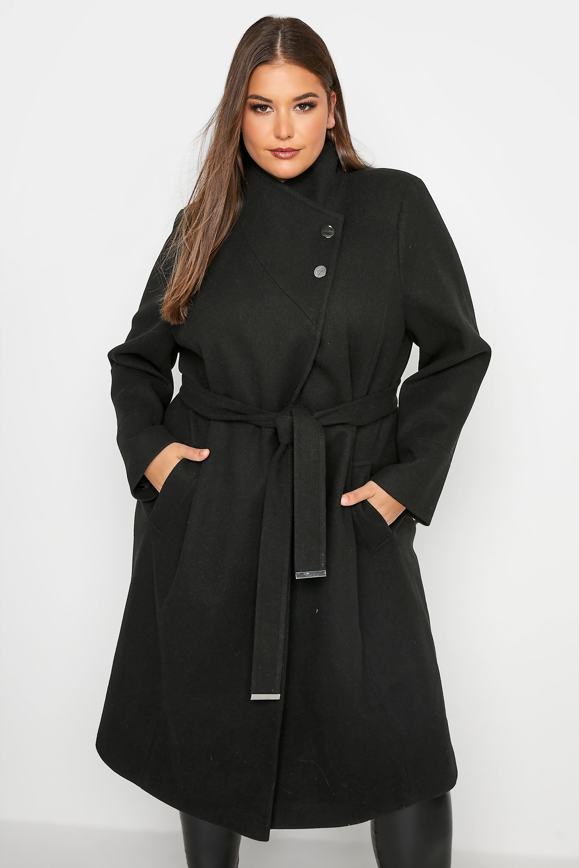 Plus Size Black Belted Wrap Coat | Yours Clothing 1