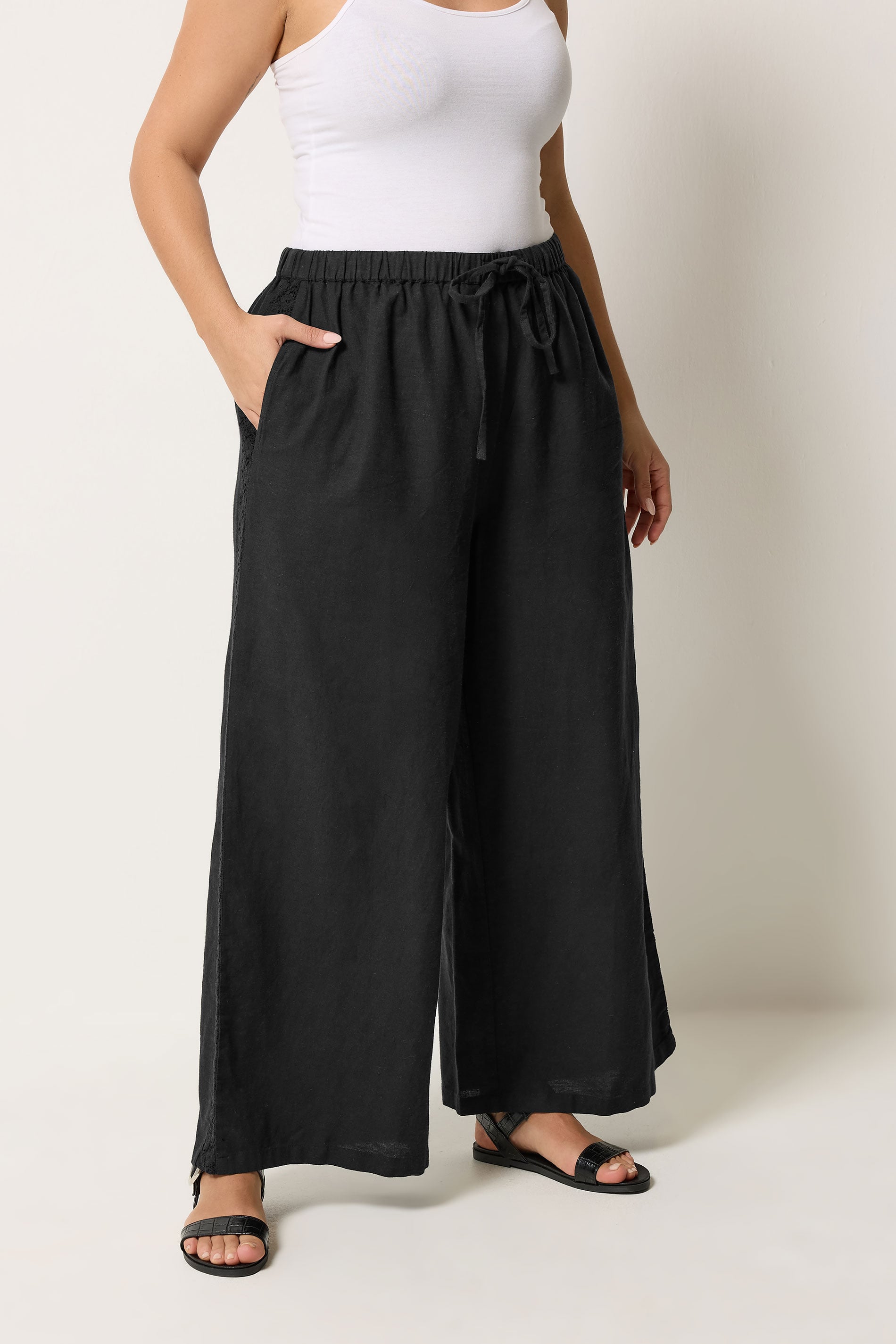 YOURS Plus Size Black Crochet Detail Linen Trousers | Yours Clothing 3