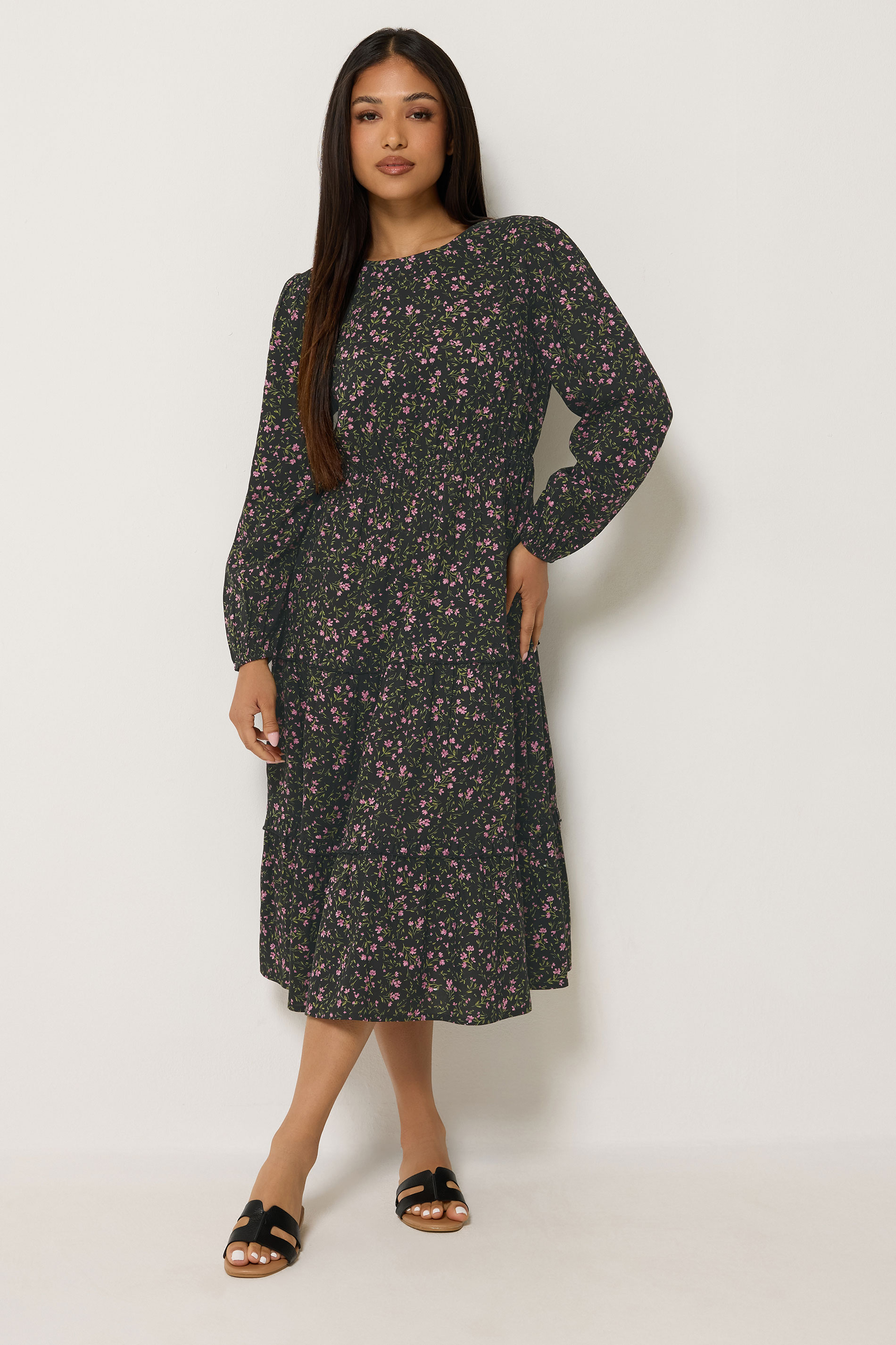 M&Co Petite Black Floral Long Sleeve Ruffle Dress | M&Co 3