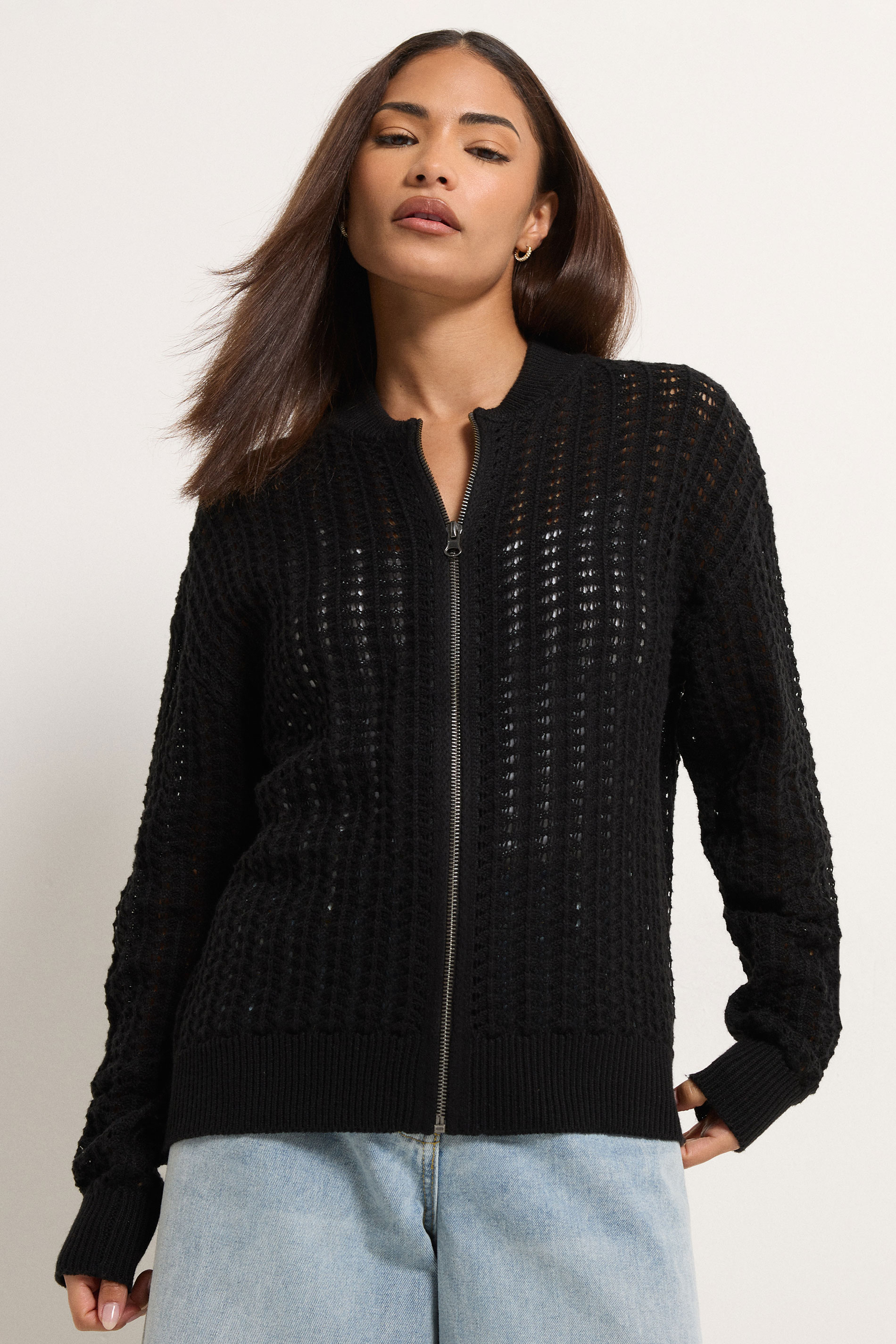PixieGirl Petite Women's Black Crochet Bomber Cardigan | PixieGirl 3