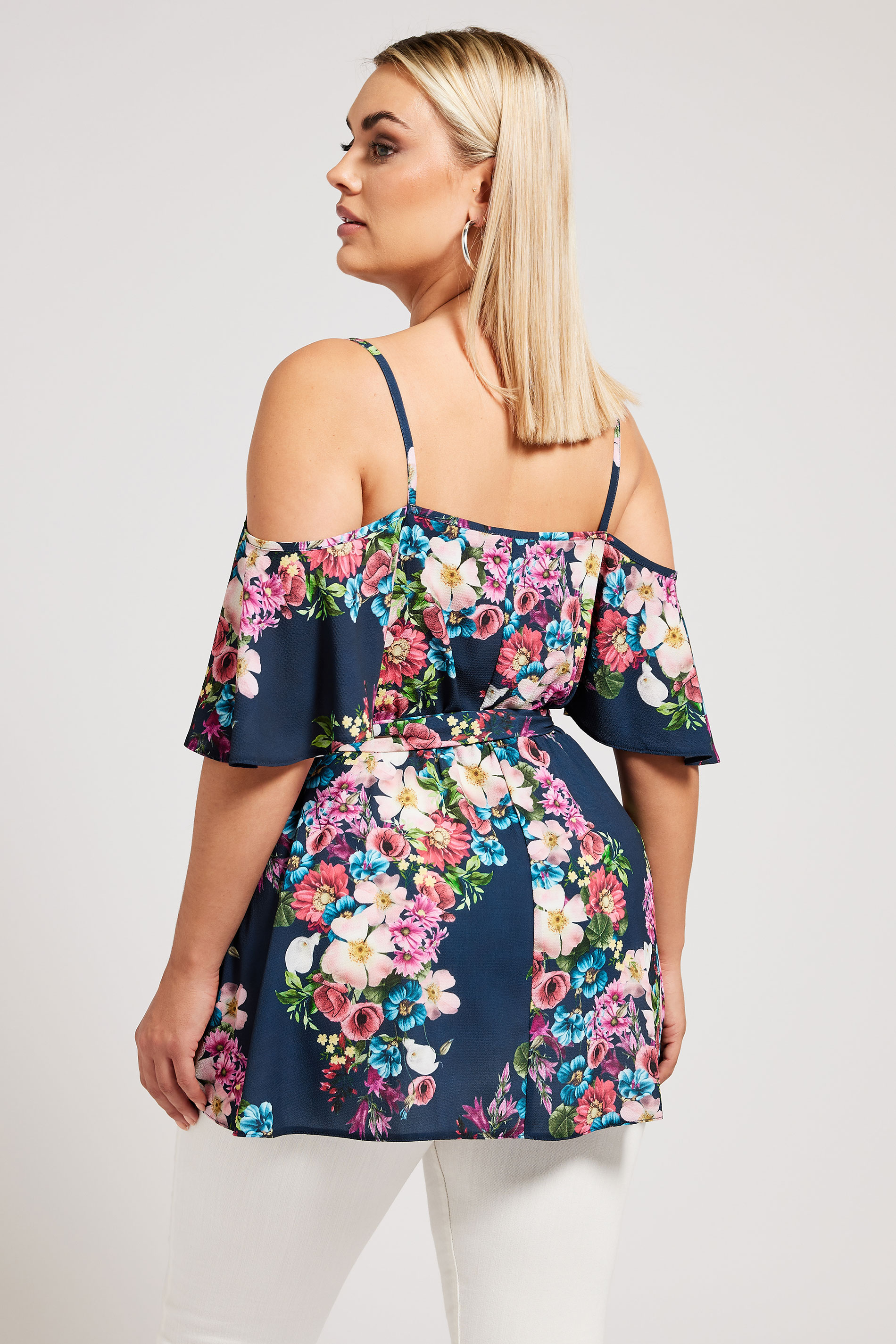 YOURS LONDON Plus Size Navy Blue Floral Print Cold Shoulder Top | Yours Clothing 3