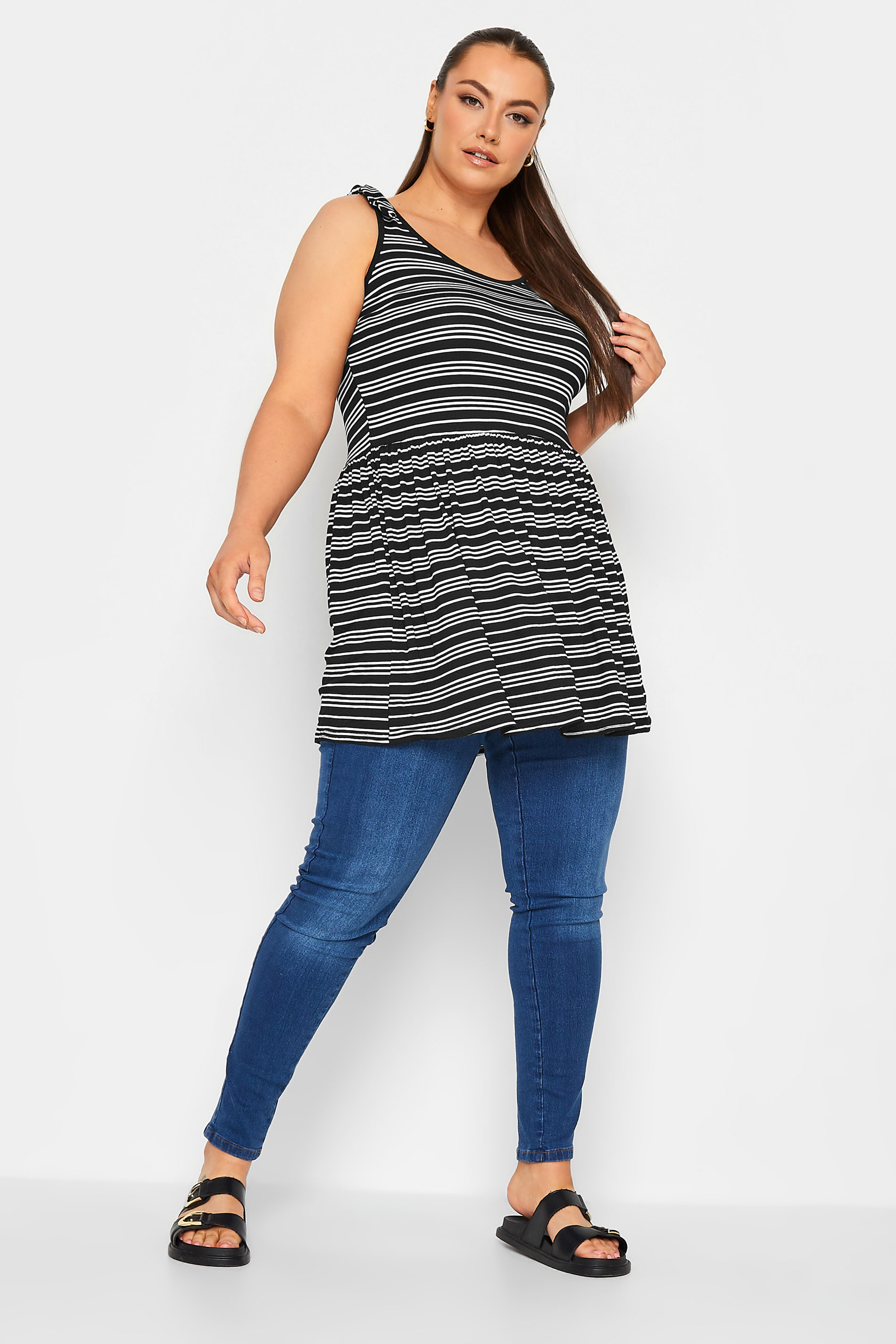 YOURS  Plus Size Black Stripe Tie Peplum Cami Top | Yours Clothing 2