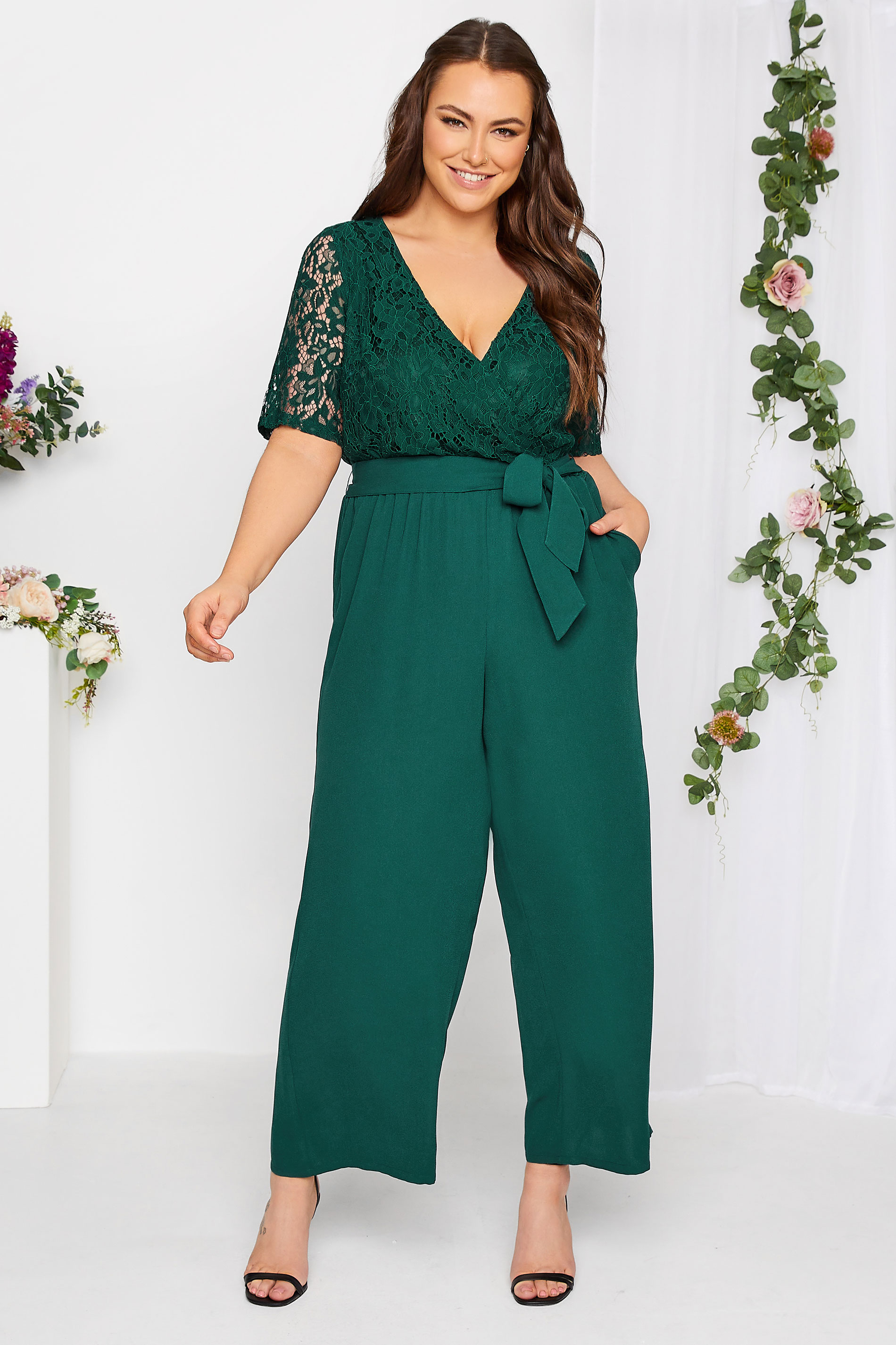 YOURS LONDON Plus Size Green Lace Wrap Jumpsuit | Yours Clothing 2