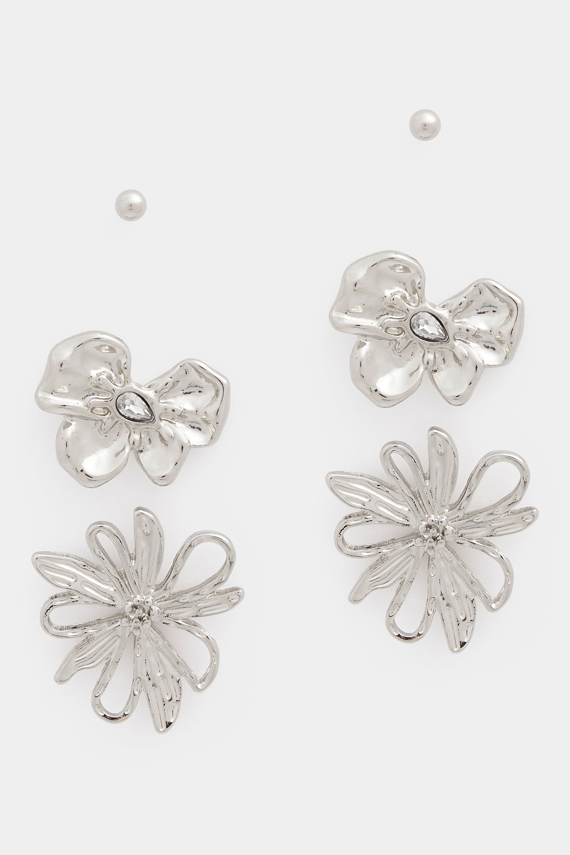 YOURSET 3 PACK Silver Tone Floral Earrings | Yours Clothing 3