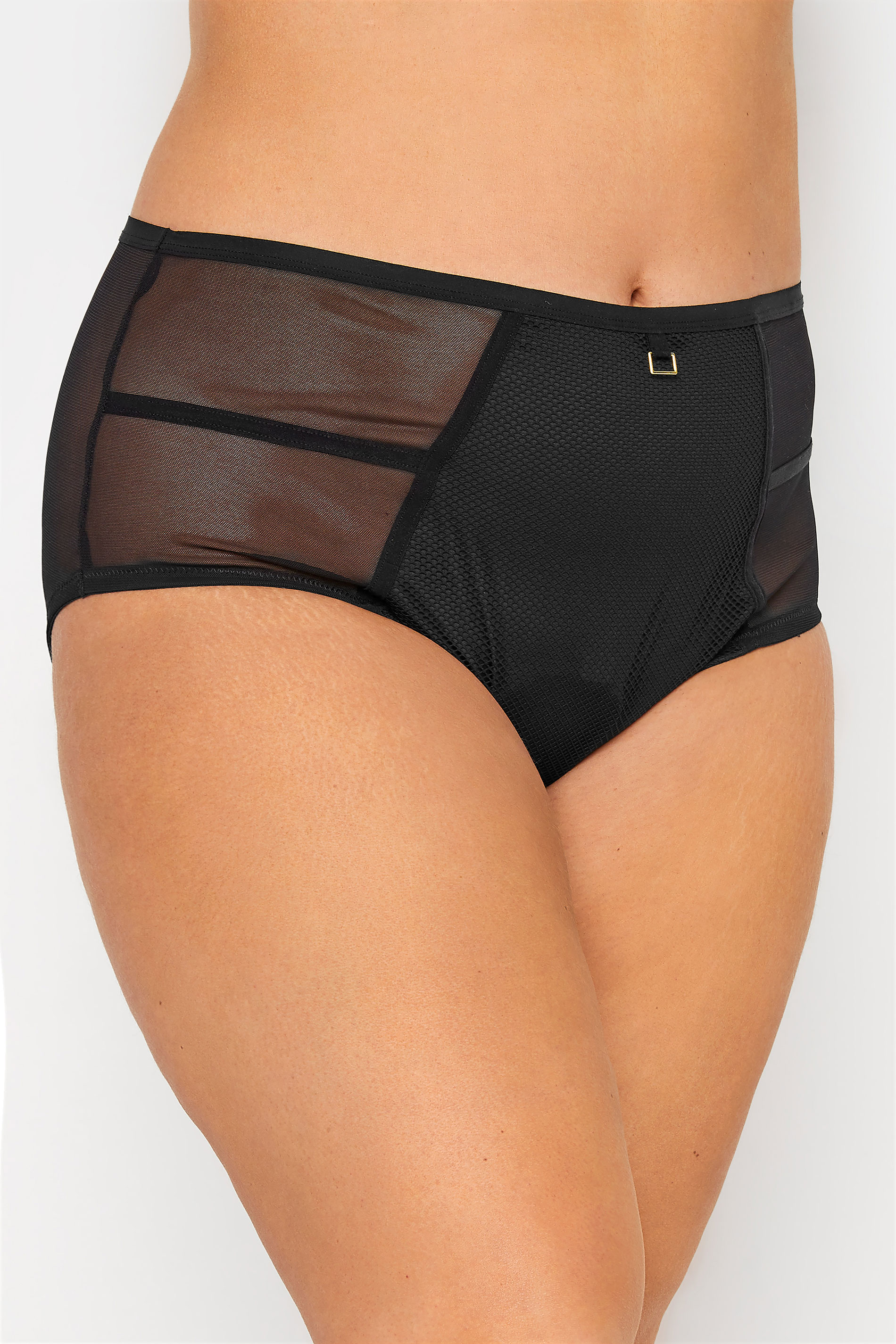 Plus Size Black Mesh Detail High Waisted Full Briefs | Yours Clothing  1