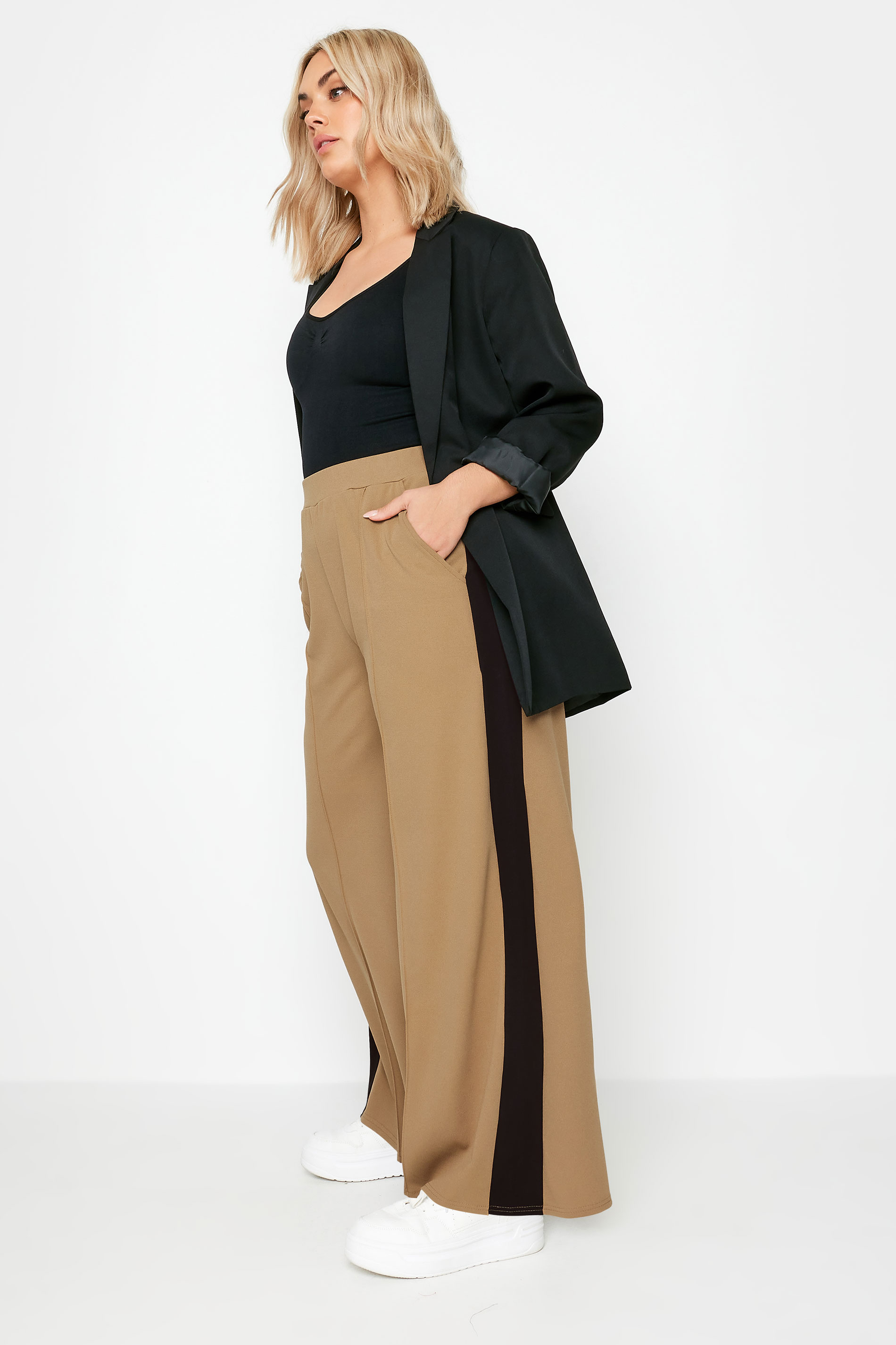 YOURS Plus Size Beige Brown Side Stripe Wide Leg Trousers | Yours Clothing 3