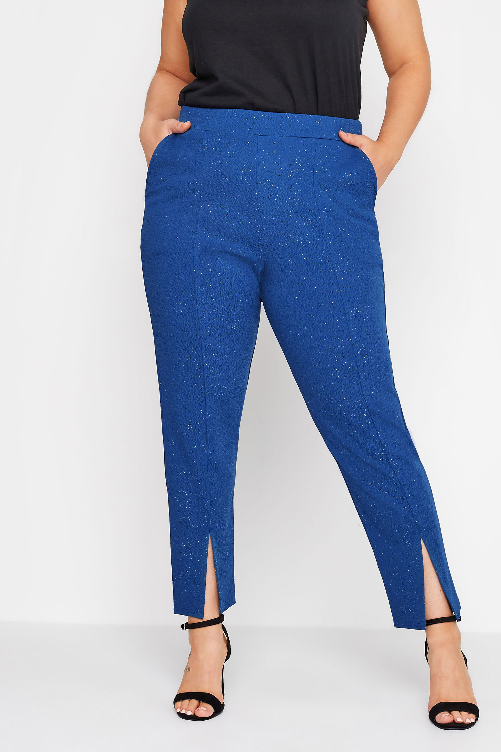 LIMITED COLLECTION Plus Size Cobalt Blue Glitter Split Hem Tapered Trousers | Yours Clothing 1