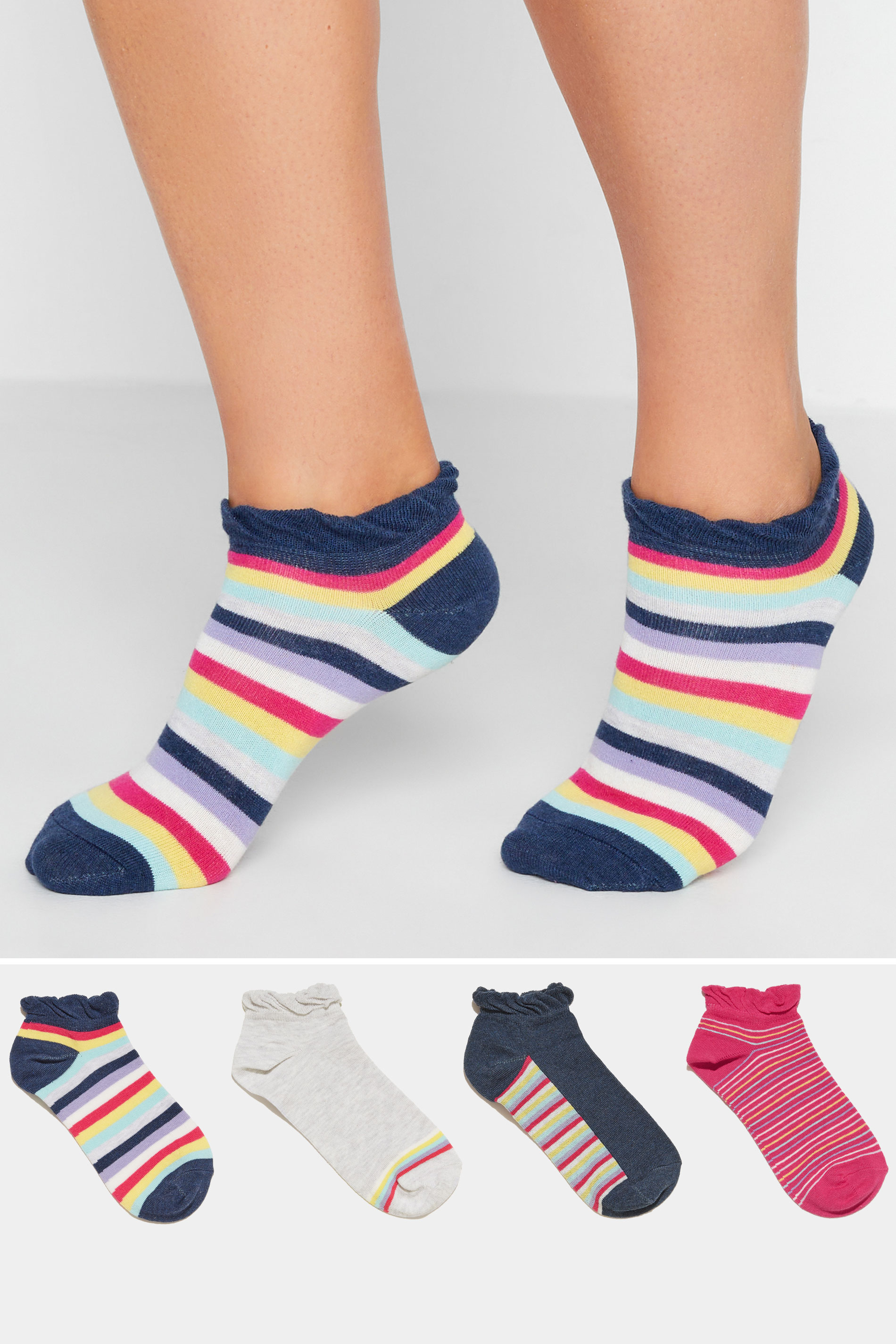 4 PACK Blue & Pink Rainbow Stripe Trainer Socks | Yours Clothing 1