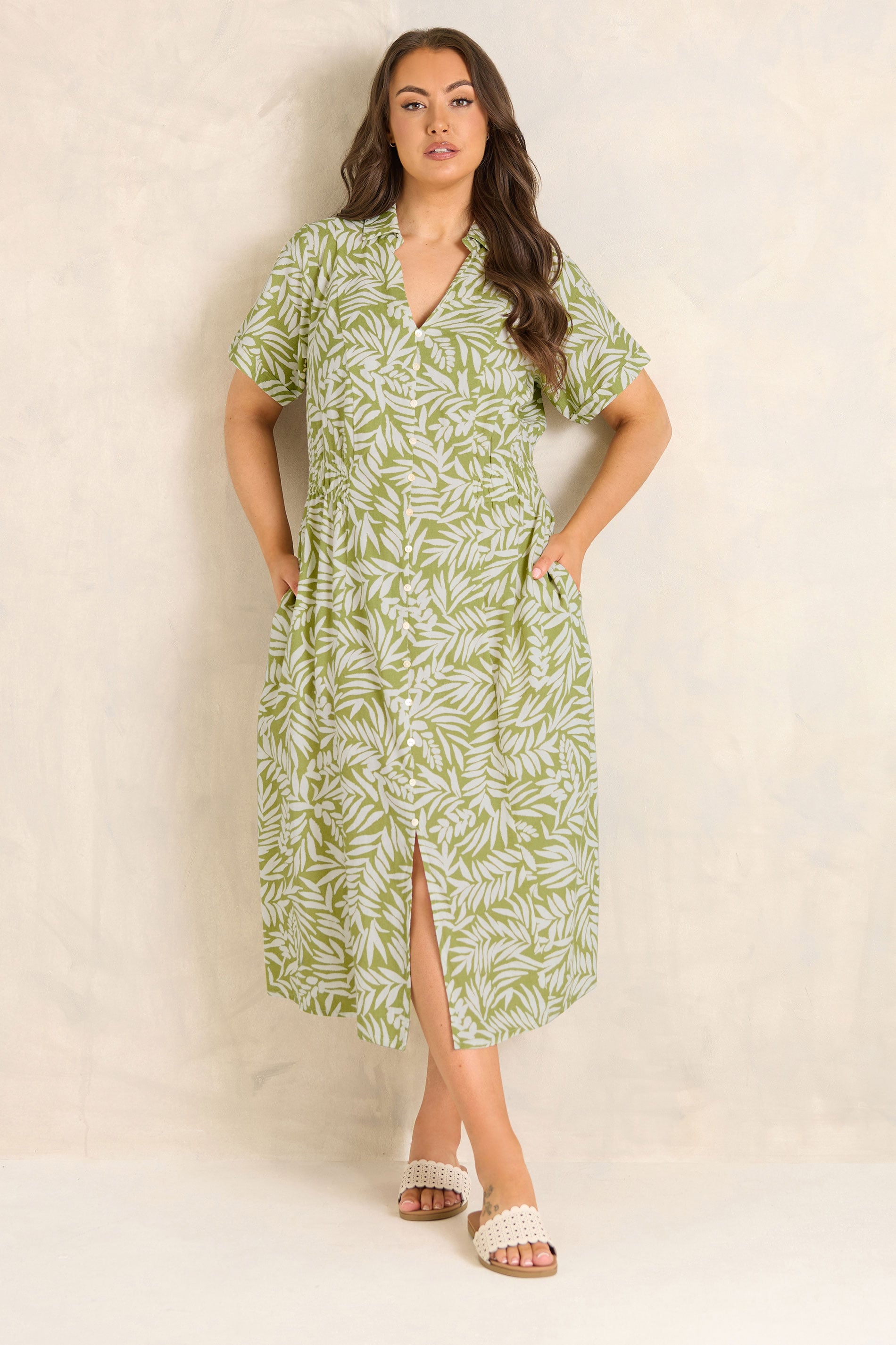 EVANS Plus Size Green Leaf Print Shirred Waist Midi Linen Dress | Evans 2