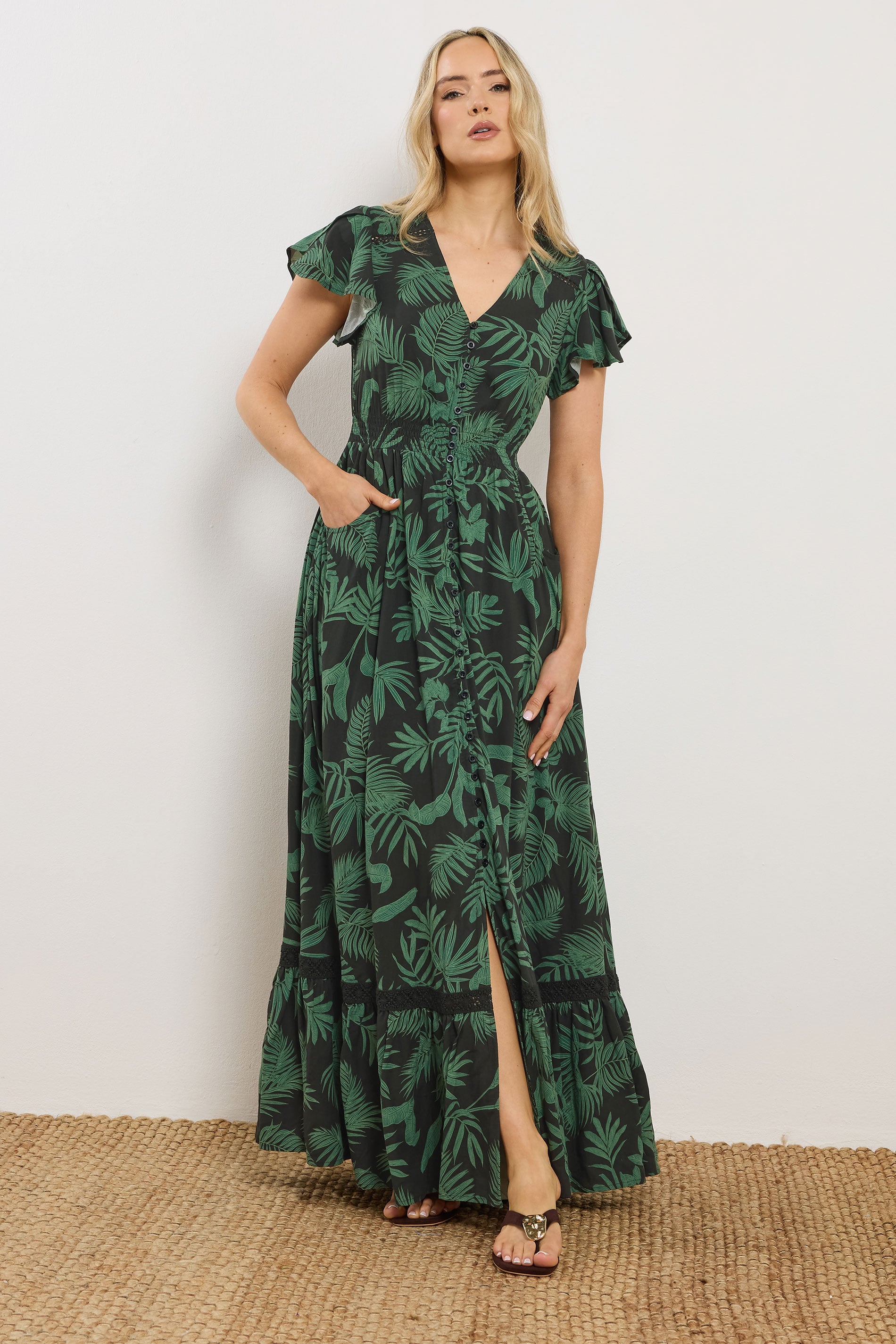 LTS Tall Women's Black & Green Palm Print Button Maxi Dress | Long Tall Sally 2