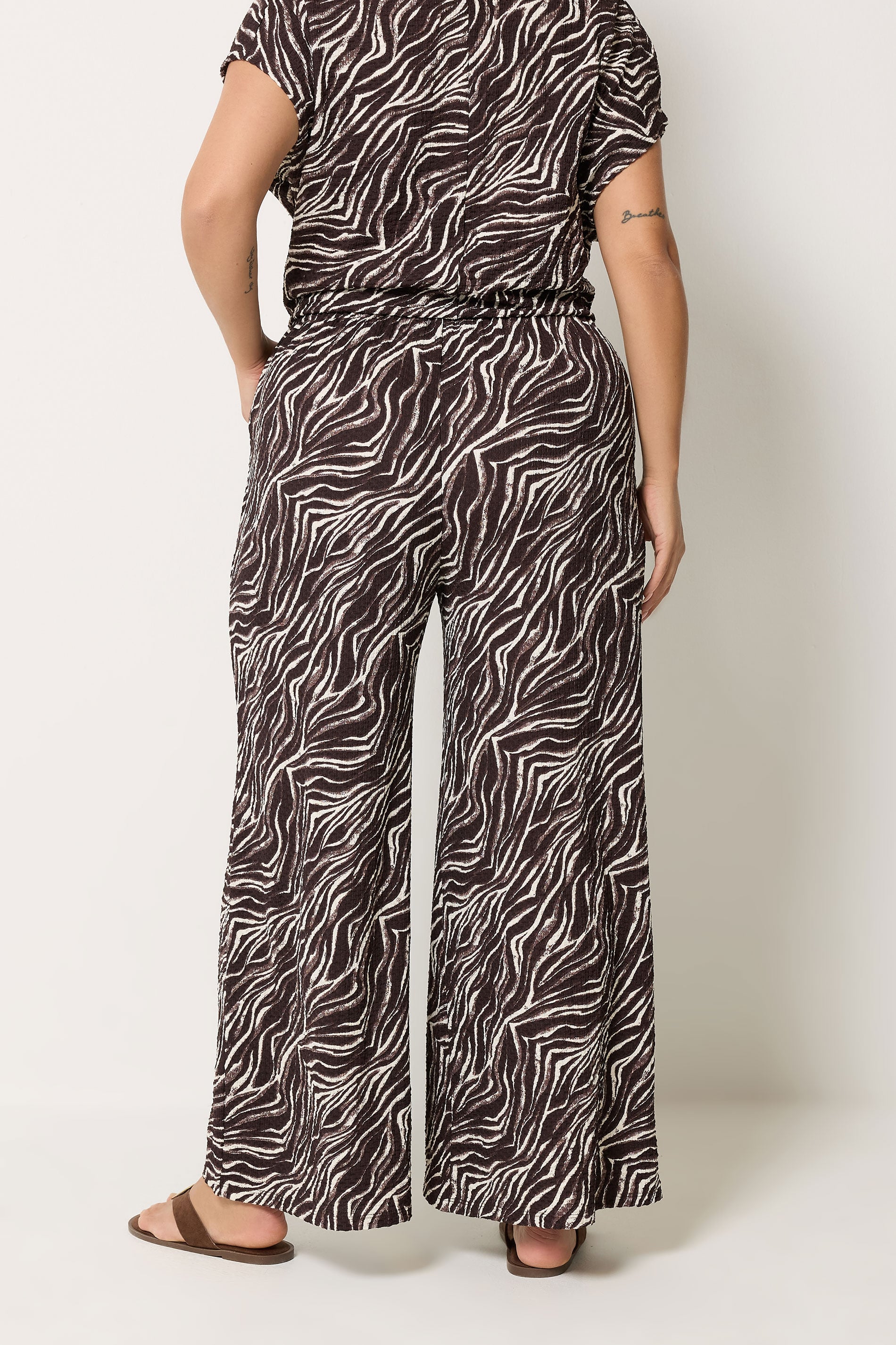 YOURS Plus Size Brown Zebra Crinkle Wide Leg Trousers | Yours Clothing 2
