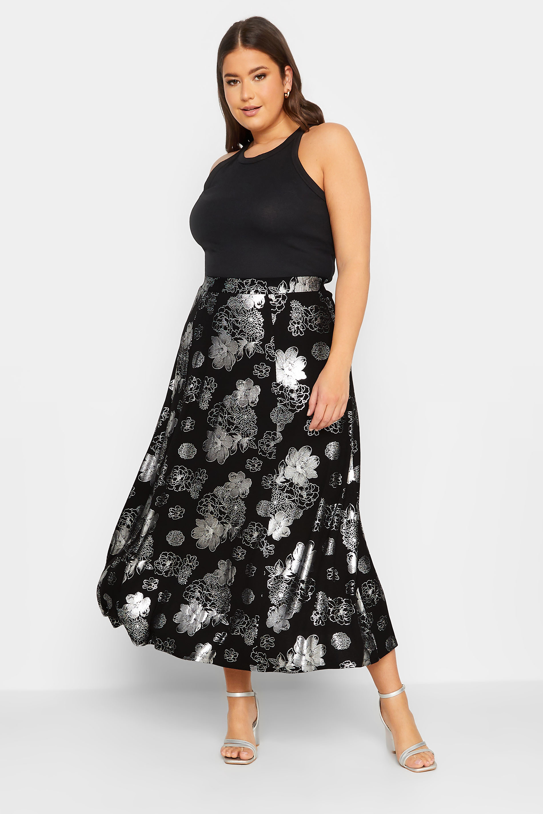 YOURS LUXURY Plus Size Black & Silver Floral Foil Printed Skirt | Yours Clothing 2
