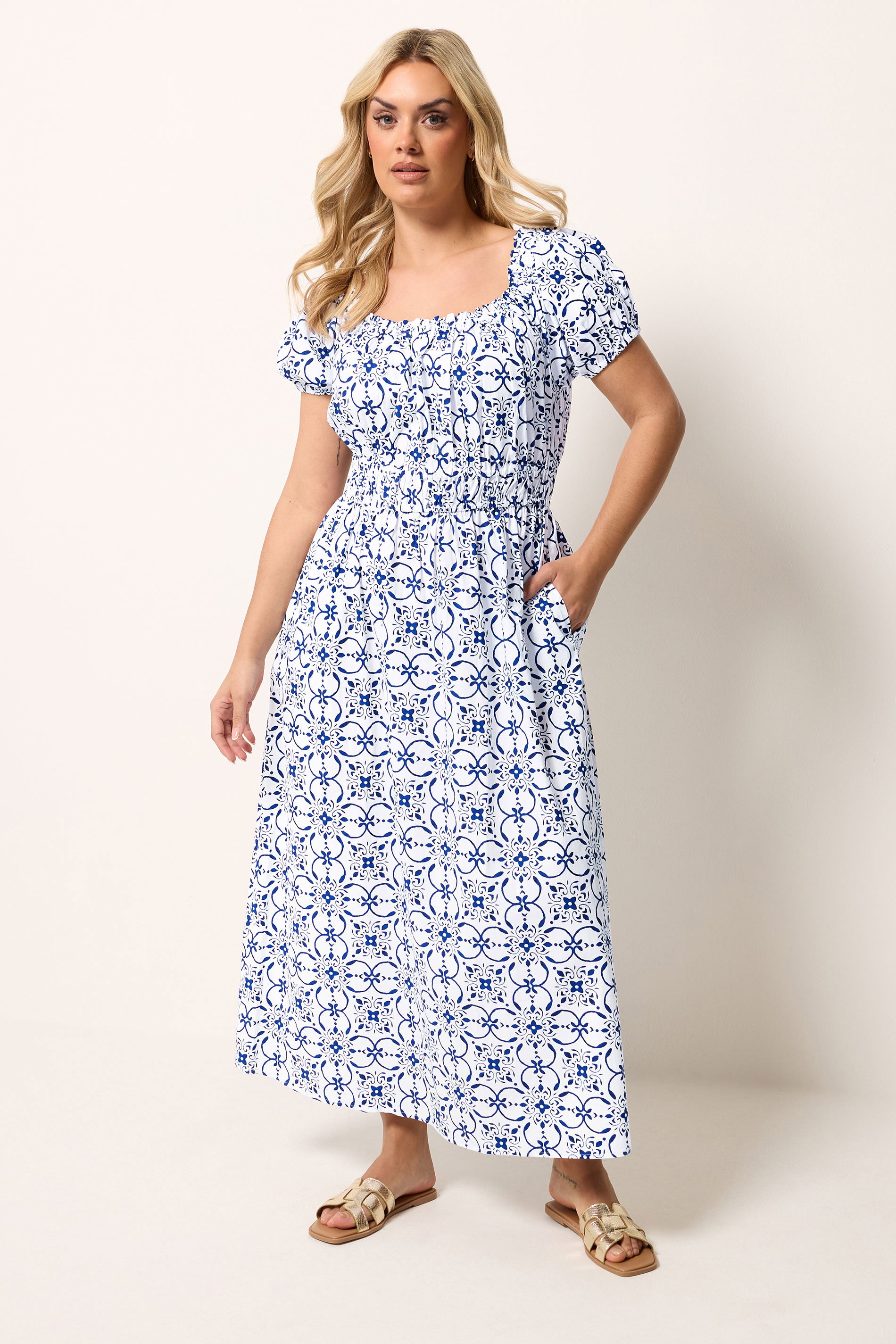 Yours Women's White Plus Floral Poplin Bardot Dress Size 16