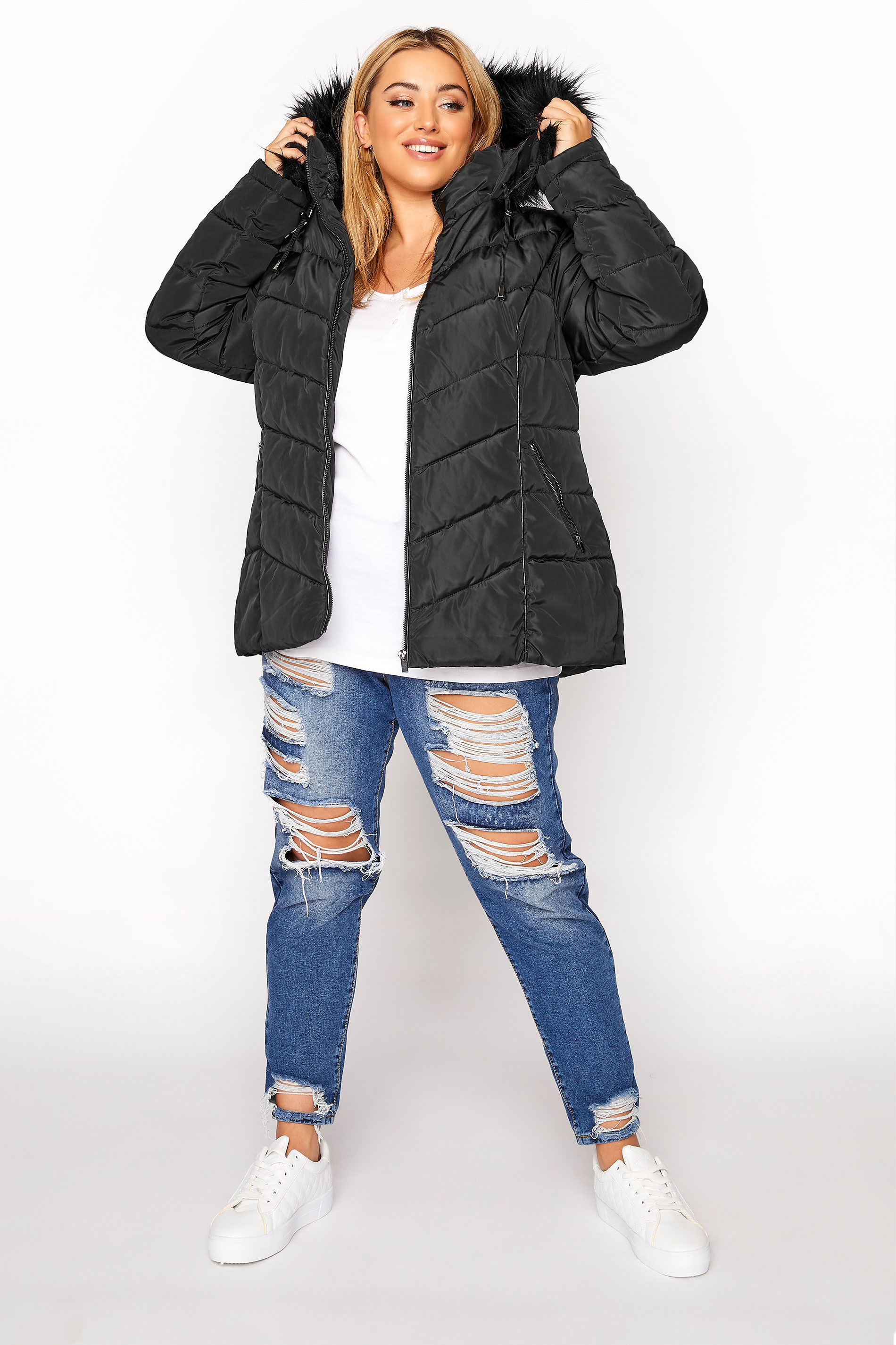 Plus Size Black PU Faux Fur Trim Panelled Puffer Jacket | Yours Clothing 2