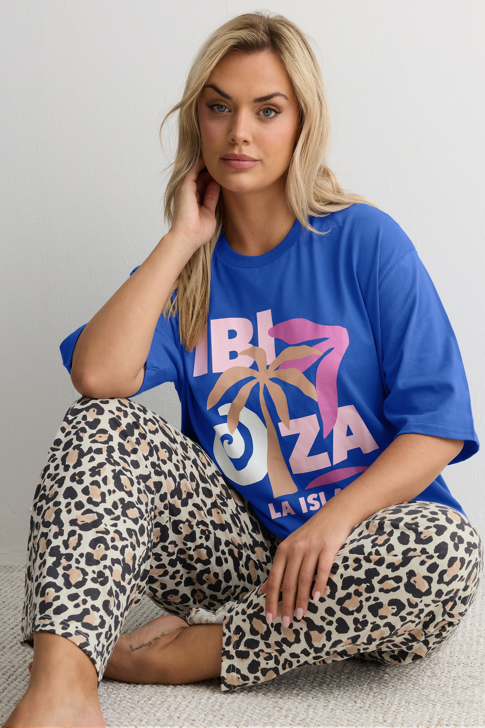 YOURS Plus Size Blue & Leopard Print 'Ibiza' Pyjama Set | Yours Clothing 1