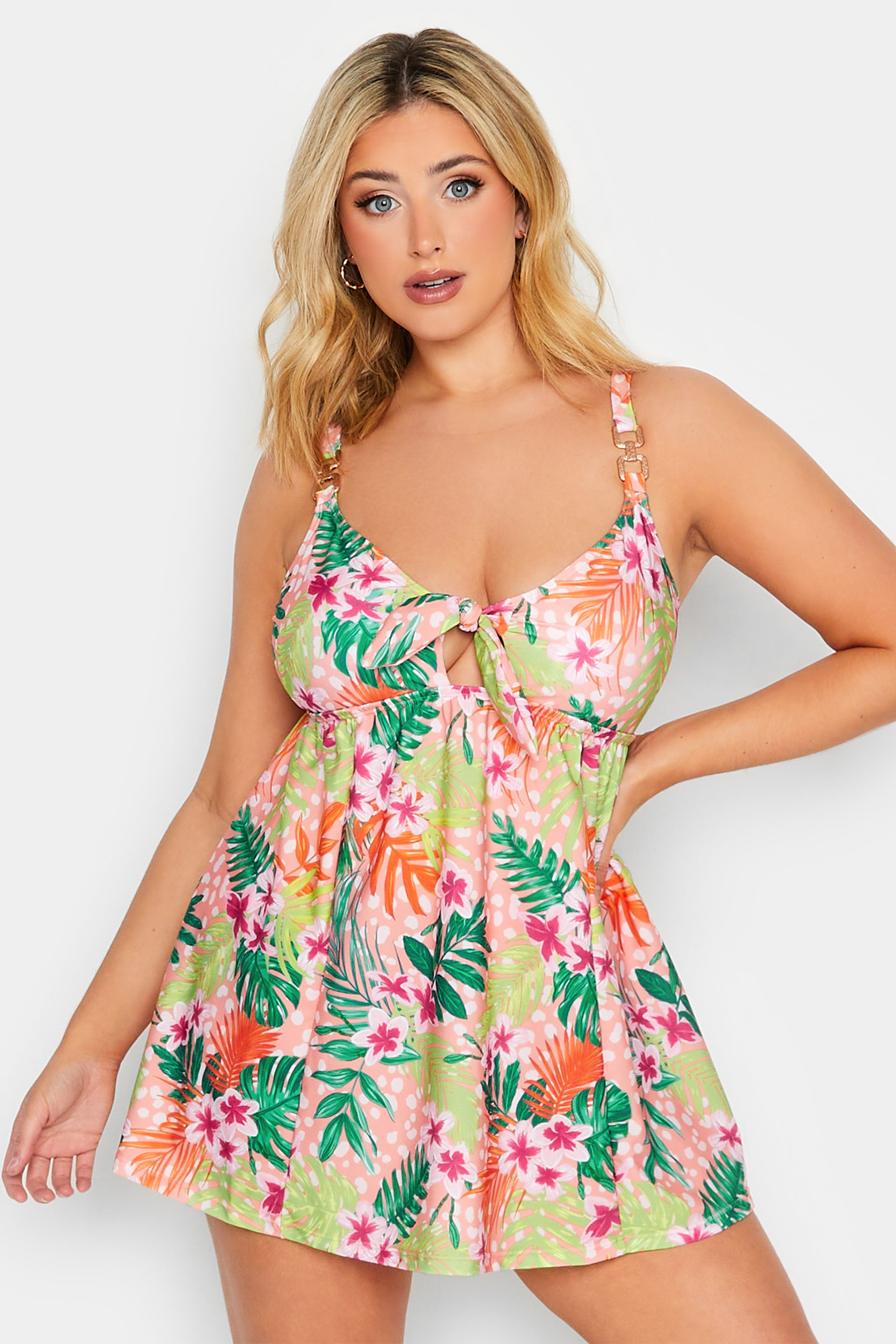 YOURS Curve Plus Size Pink Tropical Print Hanky Hem Swimdress | Yours Clothing  1