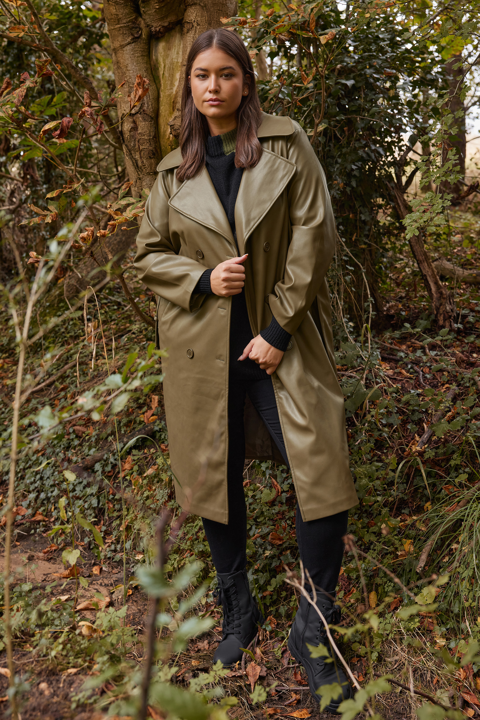 YOURS Plus Size Olive Green Faux Leather Trench Coat | Yours Clothing 2