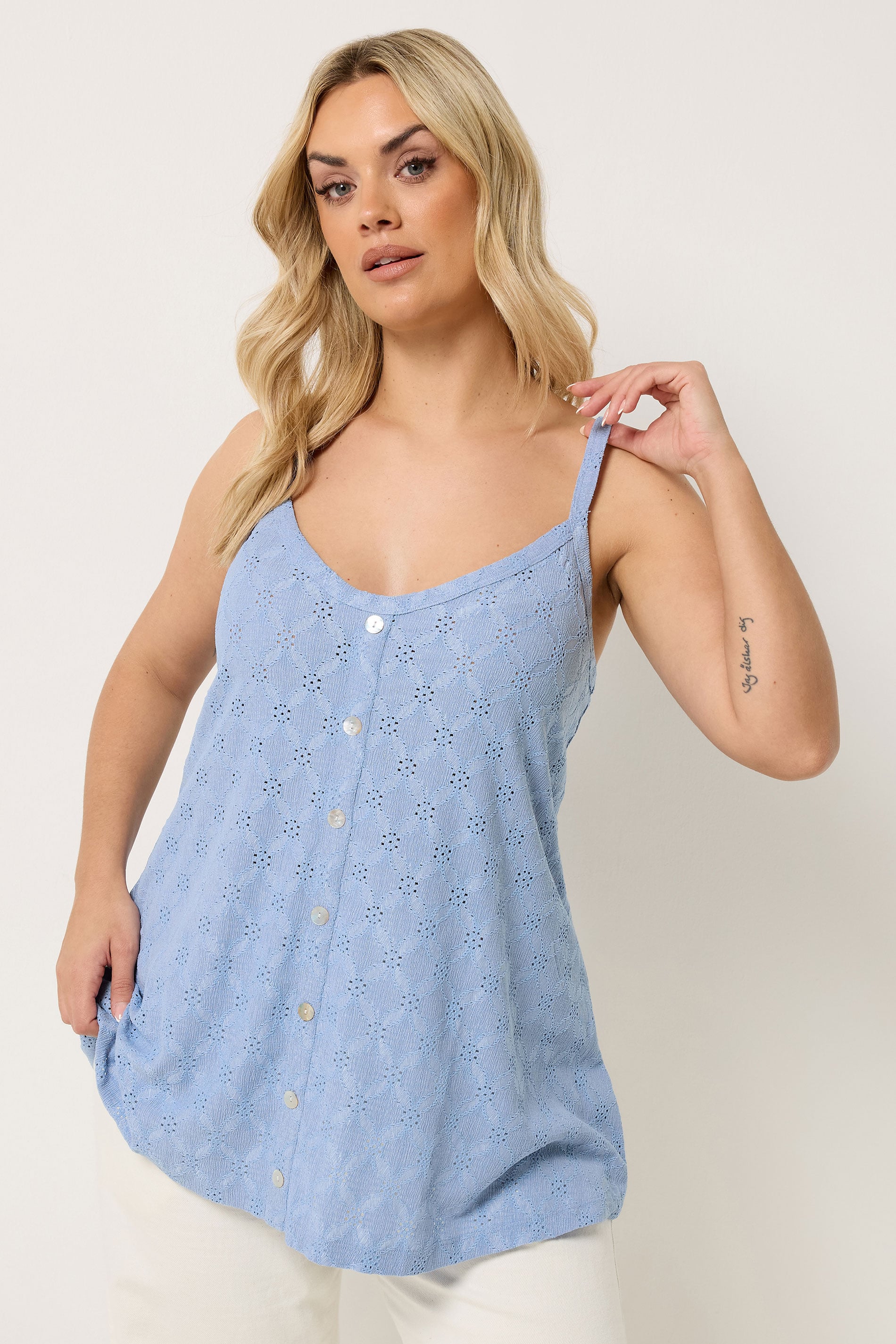 YOURS Plus Size Blue Broderie Anglaise Vest Top | Yours Clothing 3