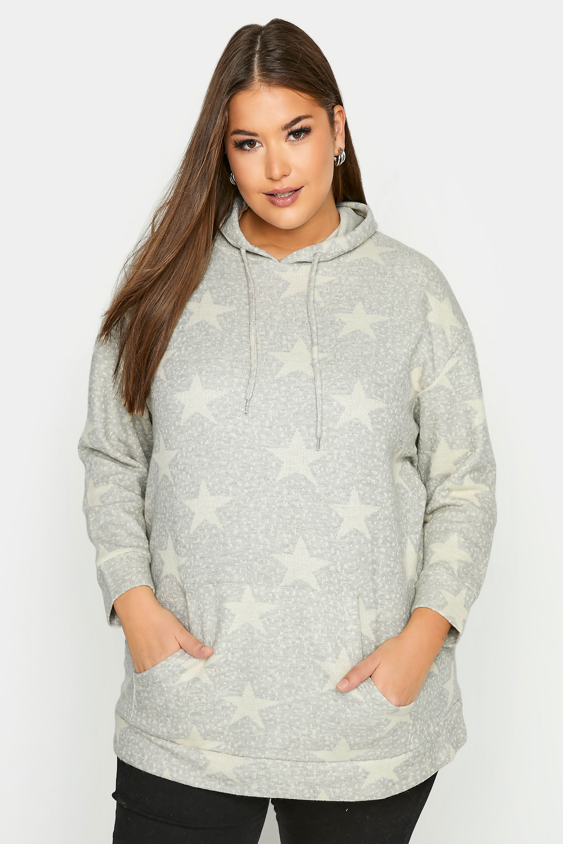 Curve Grey Star Print Knitted Hoodie 1