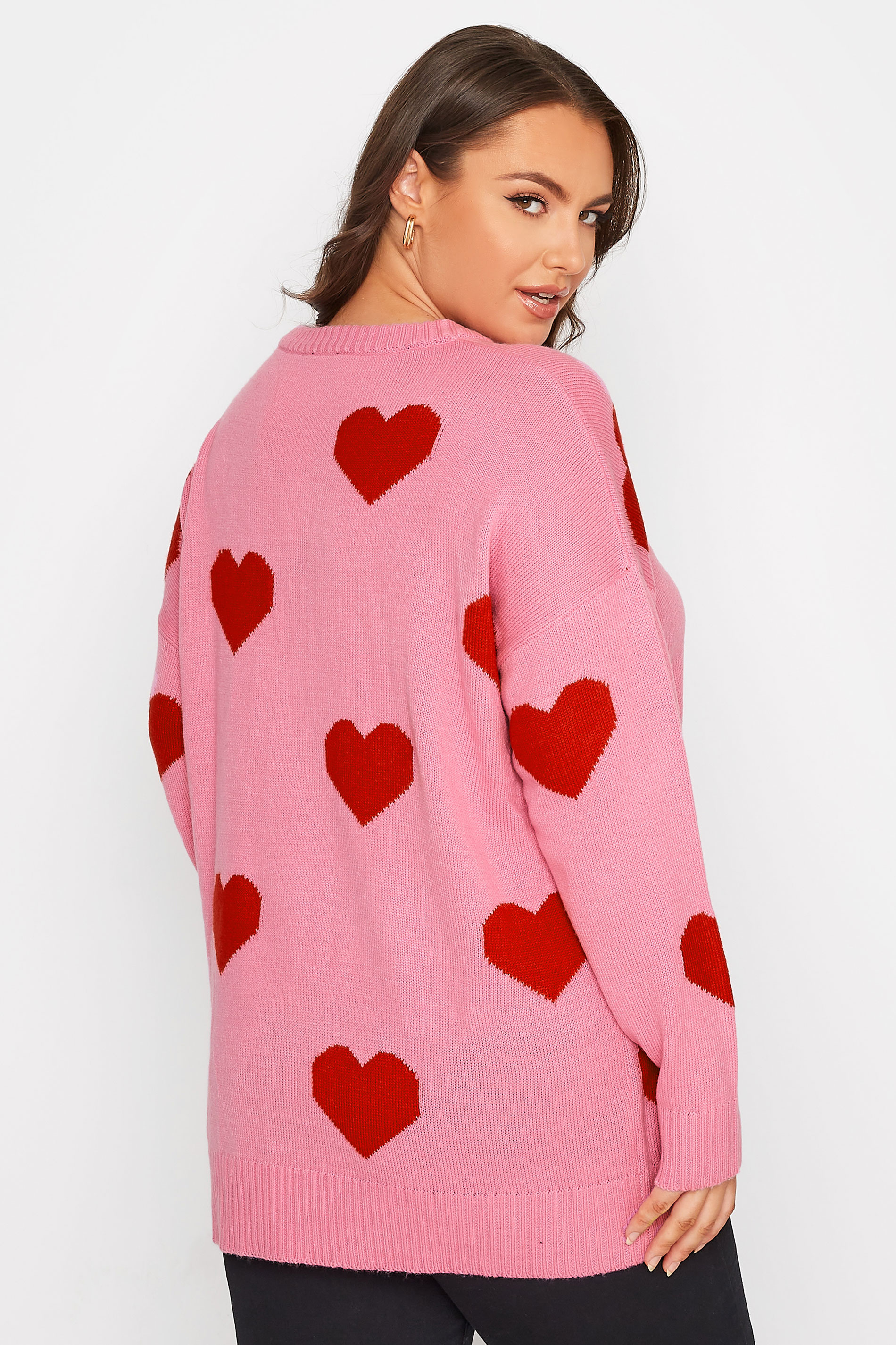 Plus Size Pink Heart Jacquard Knitted Jumper | Yours Clothing  3