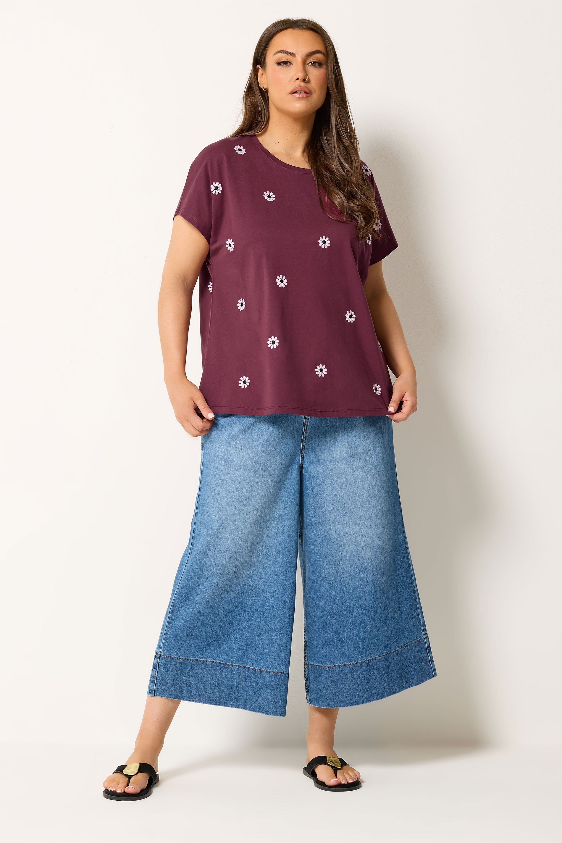 YOURS Plus Size Burgundy Red Embroidered Daisy T-Shirt | yours Clothing 1