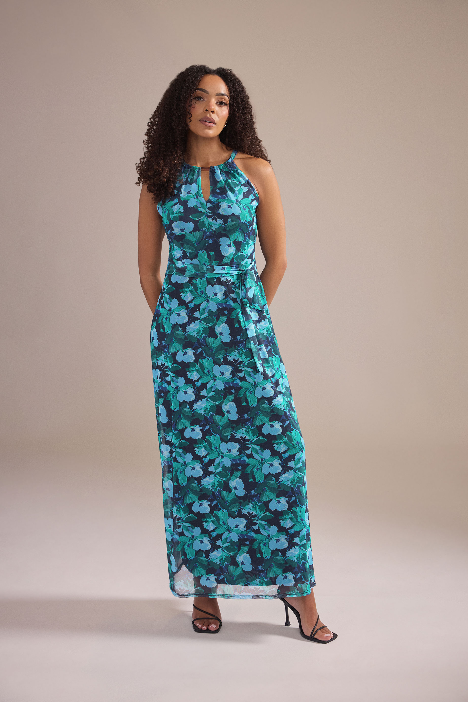 M&Co Green Floral Print Halter Neck Mesh Maxi Dress | M&Co 3