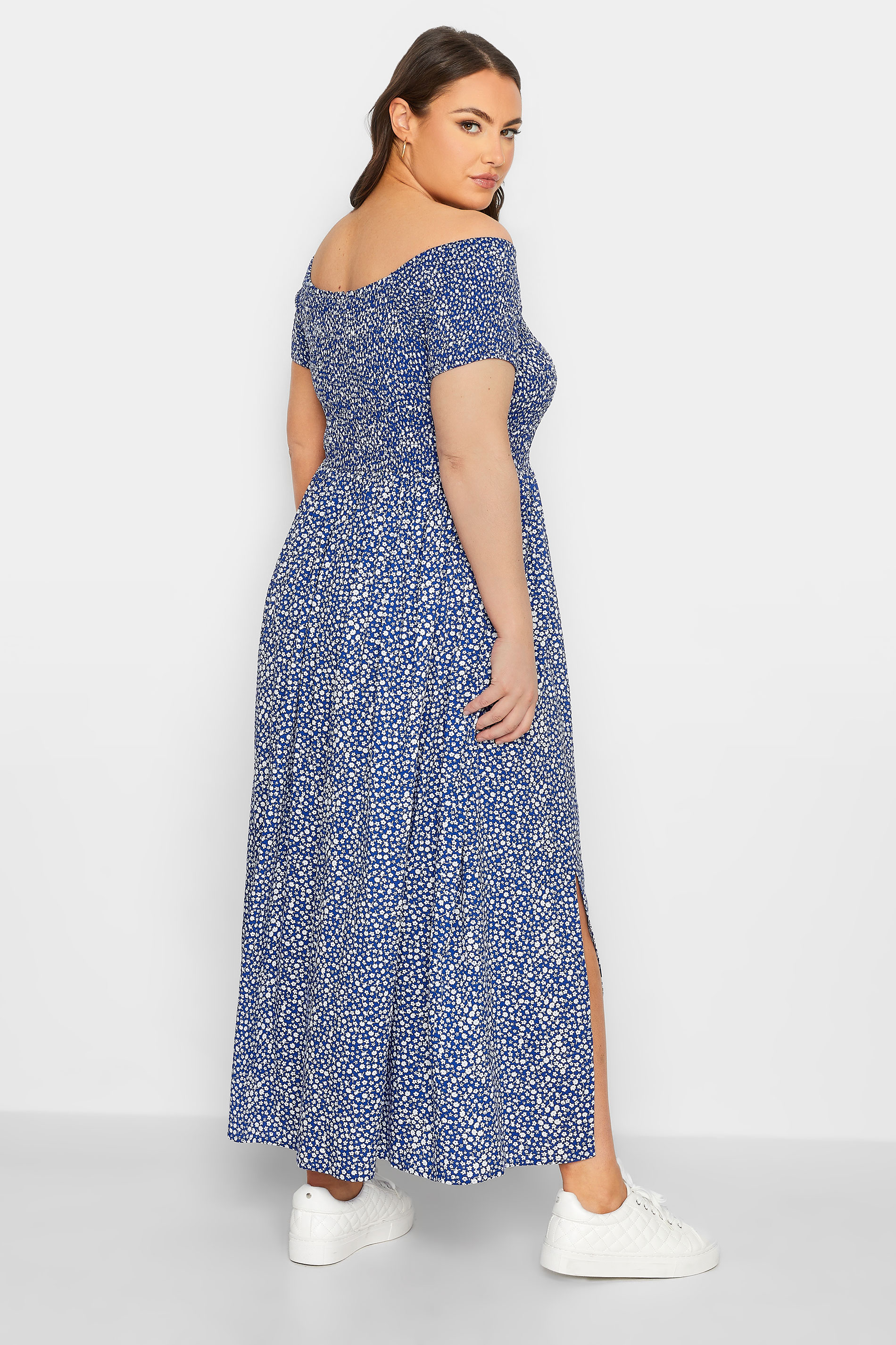YOURS Plus Size  Cobalt Blue Ditsy Print Shirred Bardot Maxi Dress | Yours Clothing 3