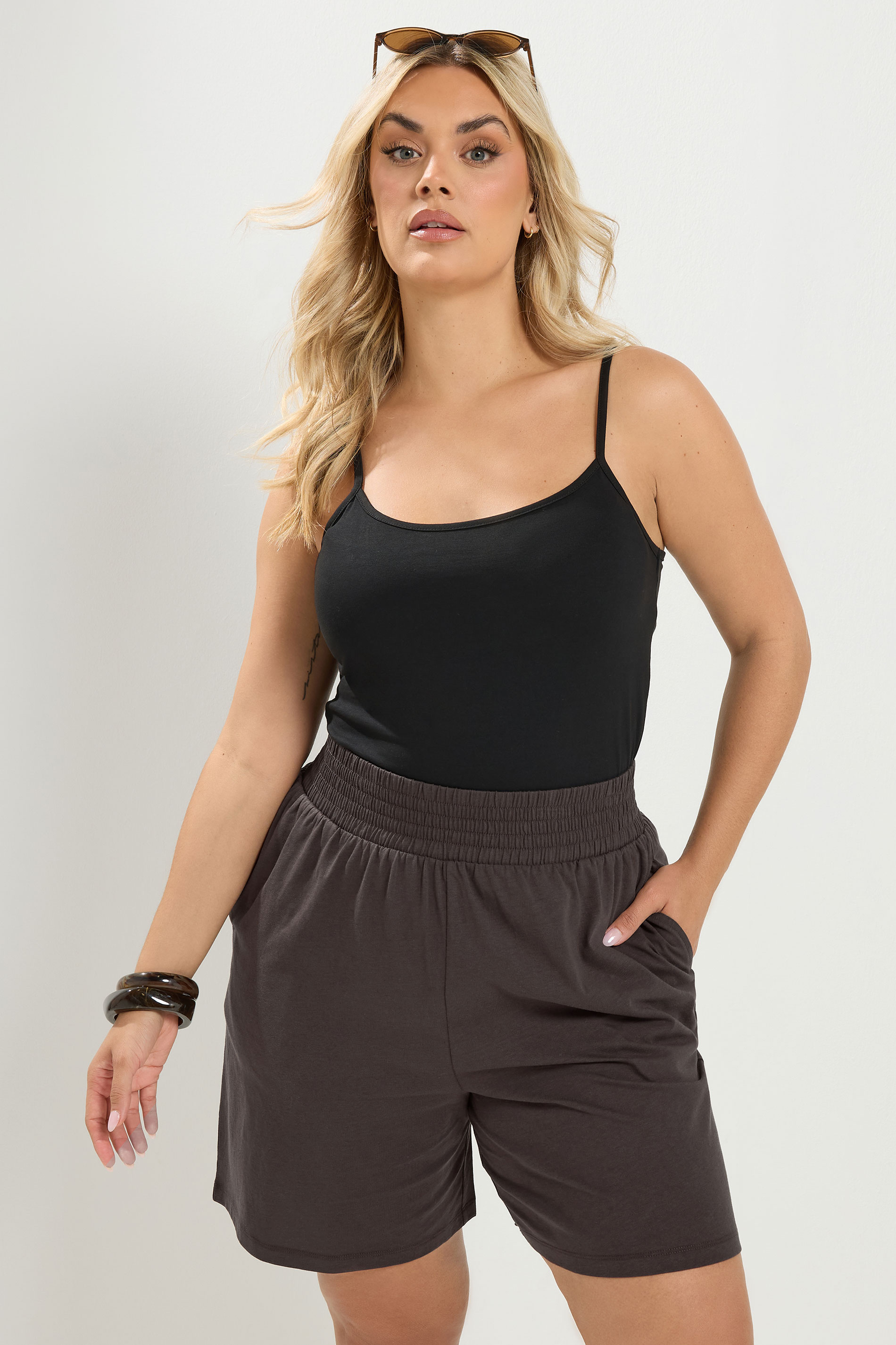 YOURS Plus Size Brown Shirred Waist Shorts | Yours Clothing 1
