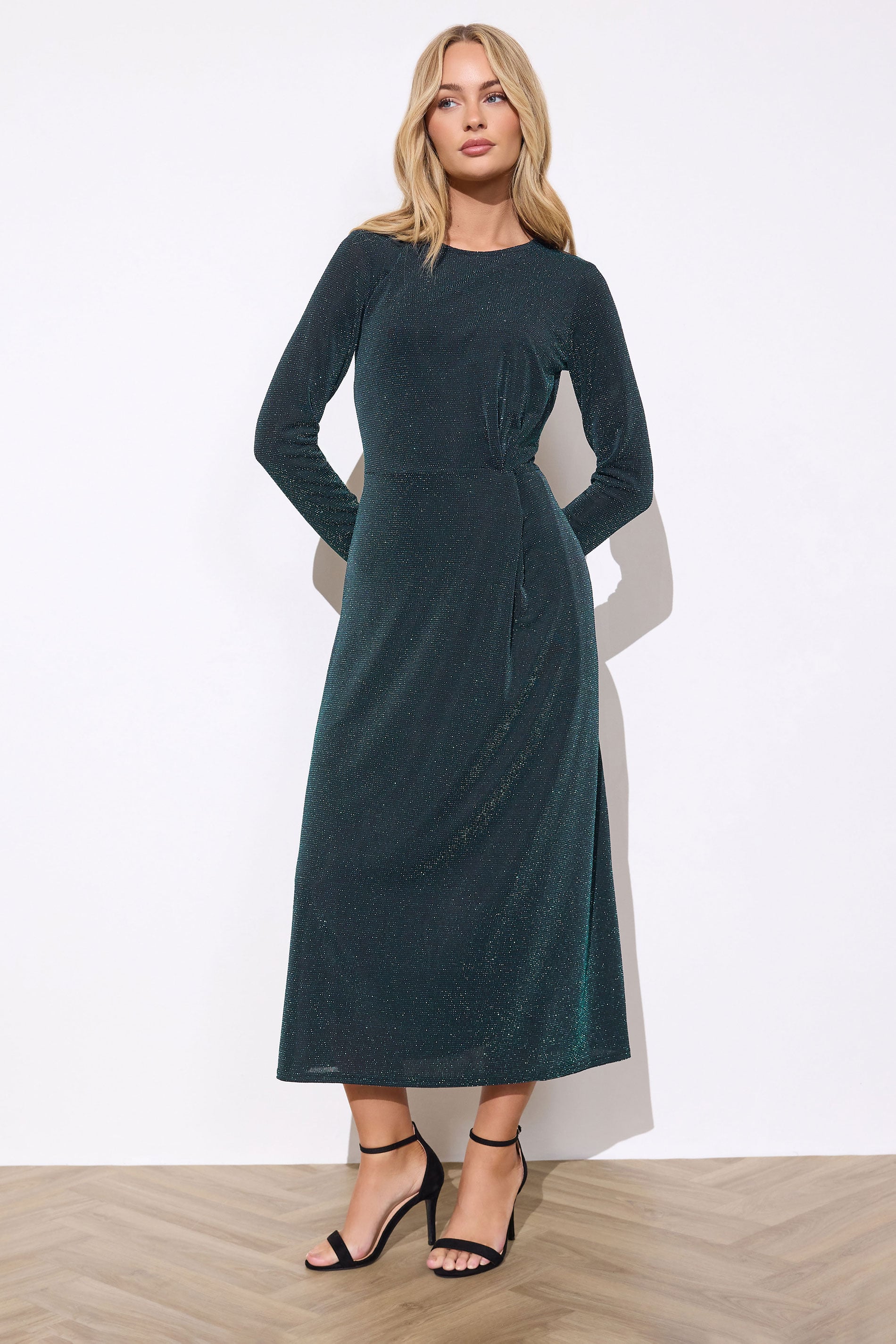 M&Co Teal Green Metallic Twist Front Midi Dress | M&Co 1