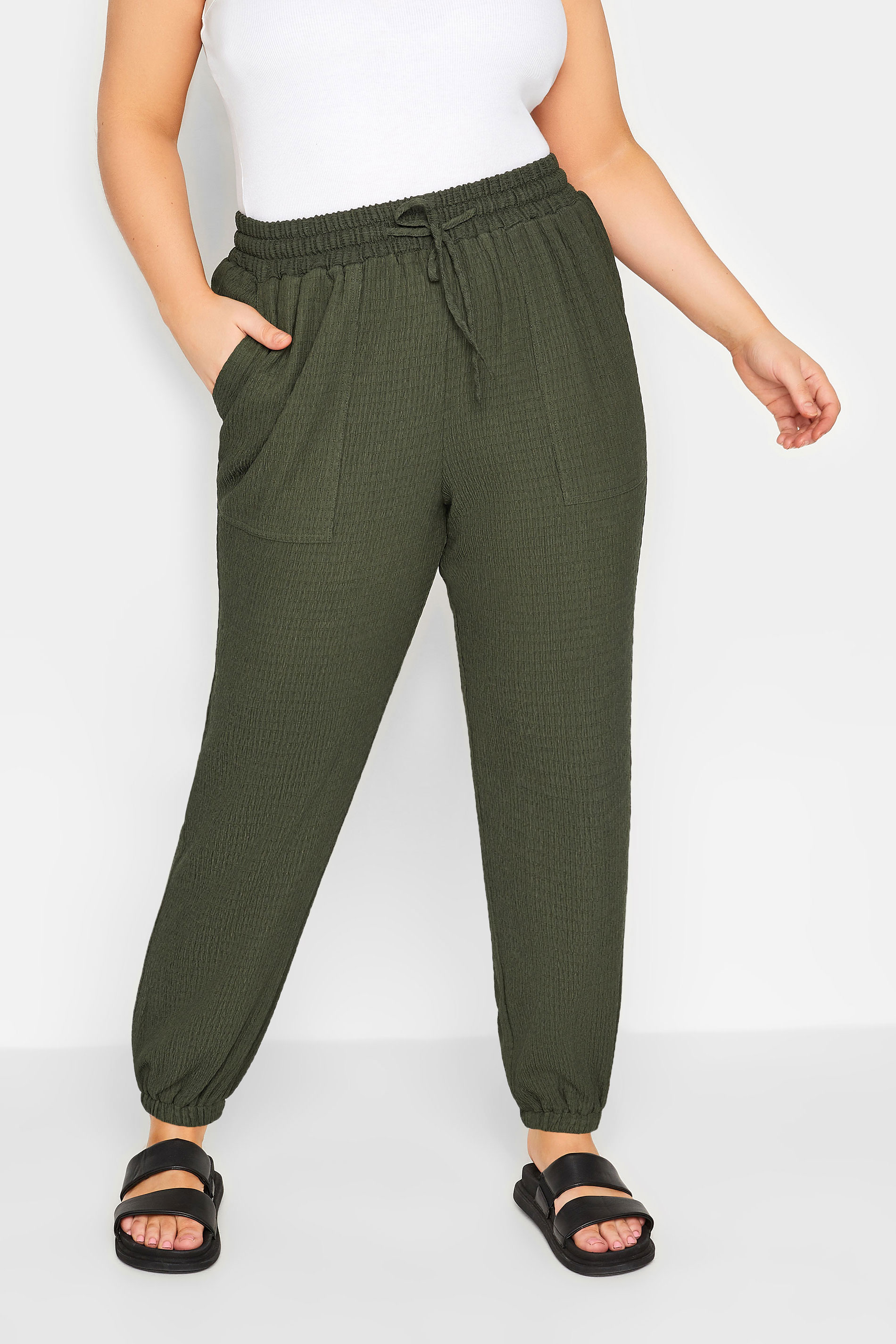 YOURS Plus Size Khaki Green Crinkle Cargo Joggers | Yours Clothing 1