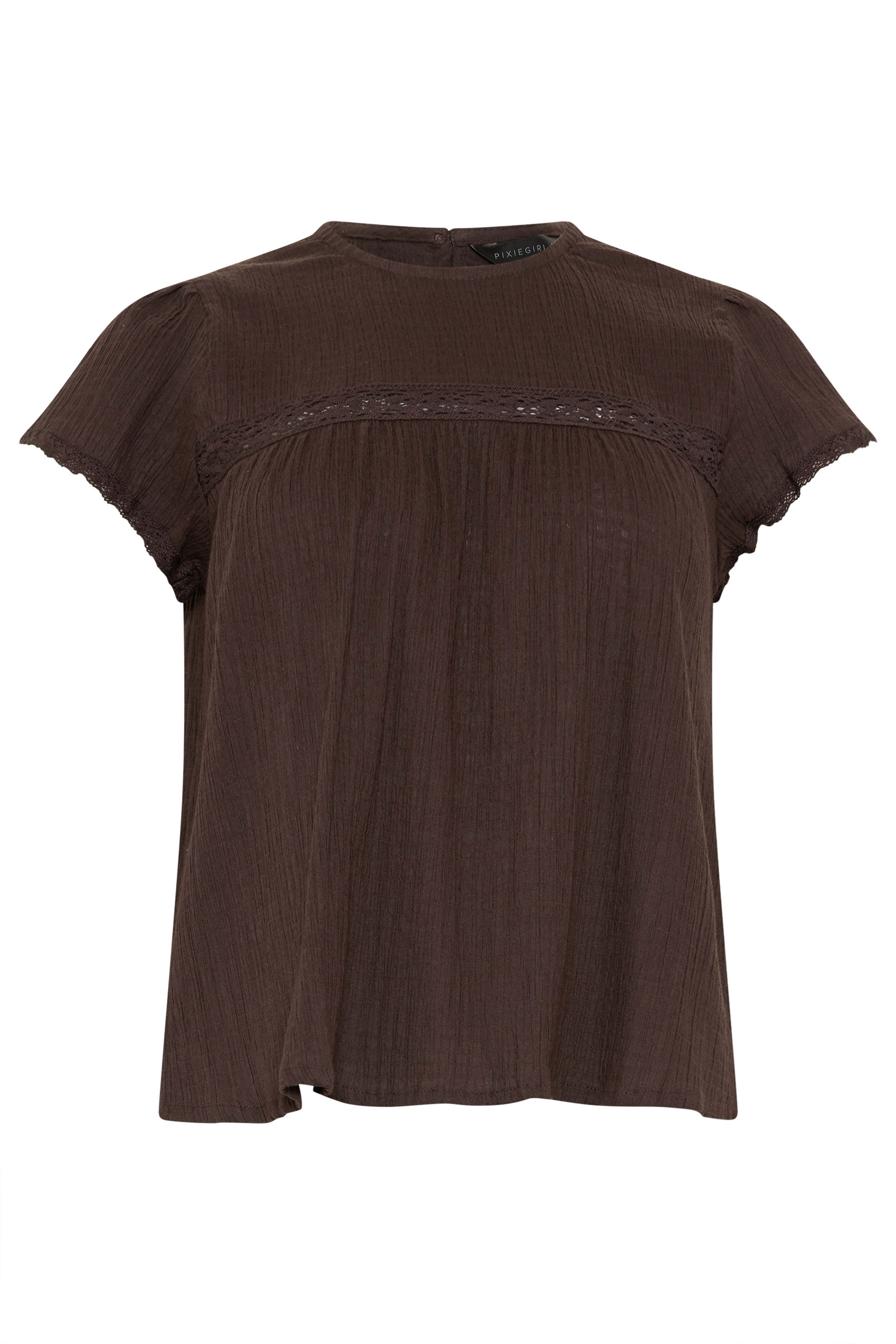 PixieGirl Petite Women's Chocolate Brown Crochet Crinkle Top | PixieGirl 5