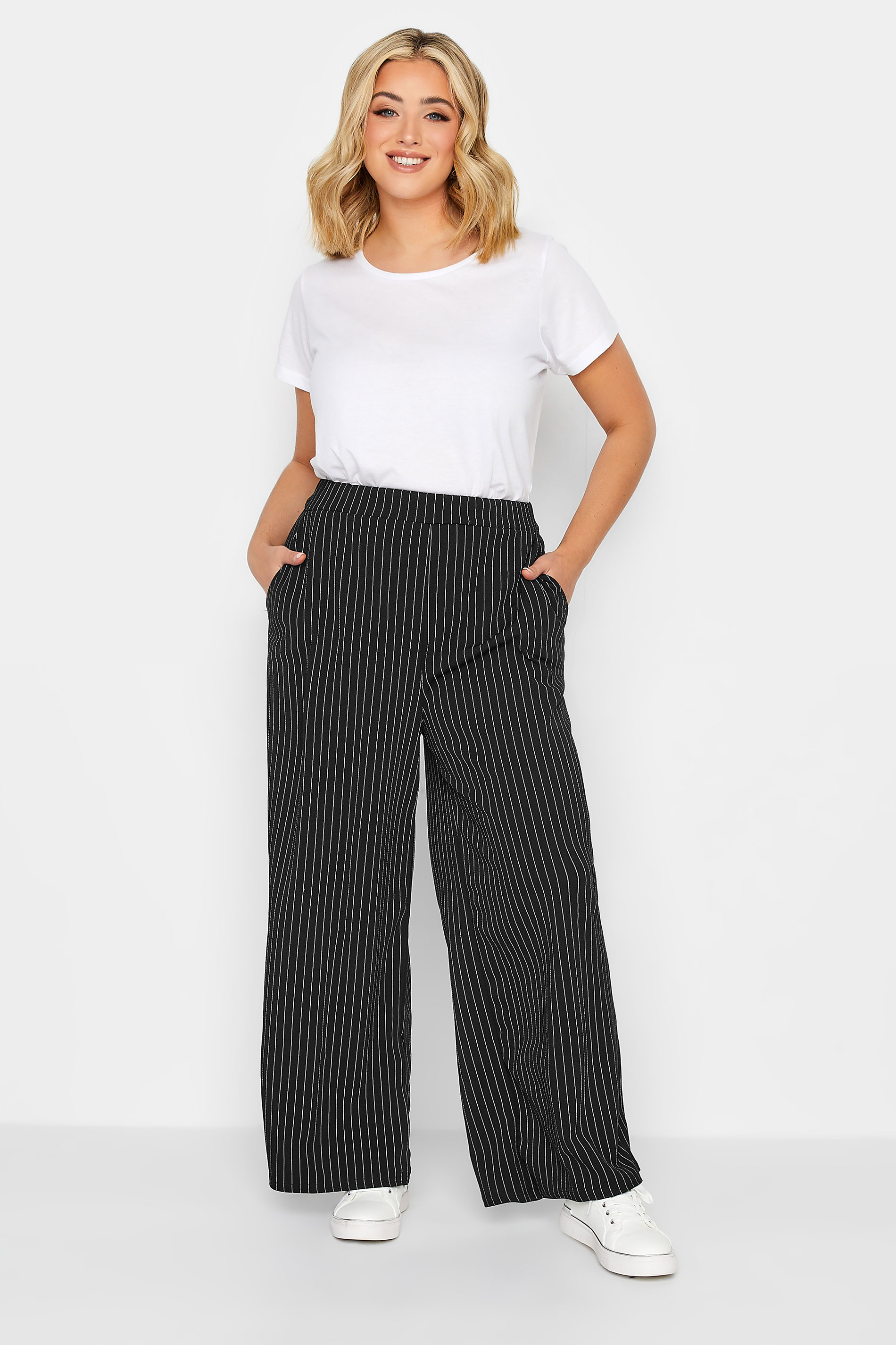 YOURS PETITE Plus Size Black Pinstripe Wide Leg Trousers | Yours Clothing 2