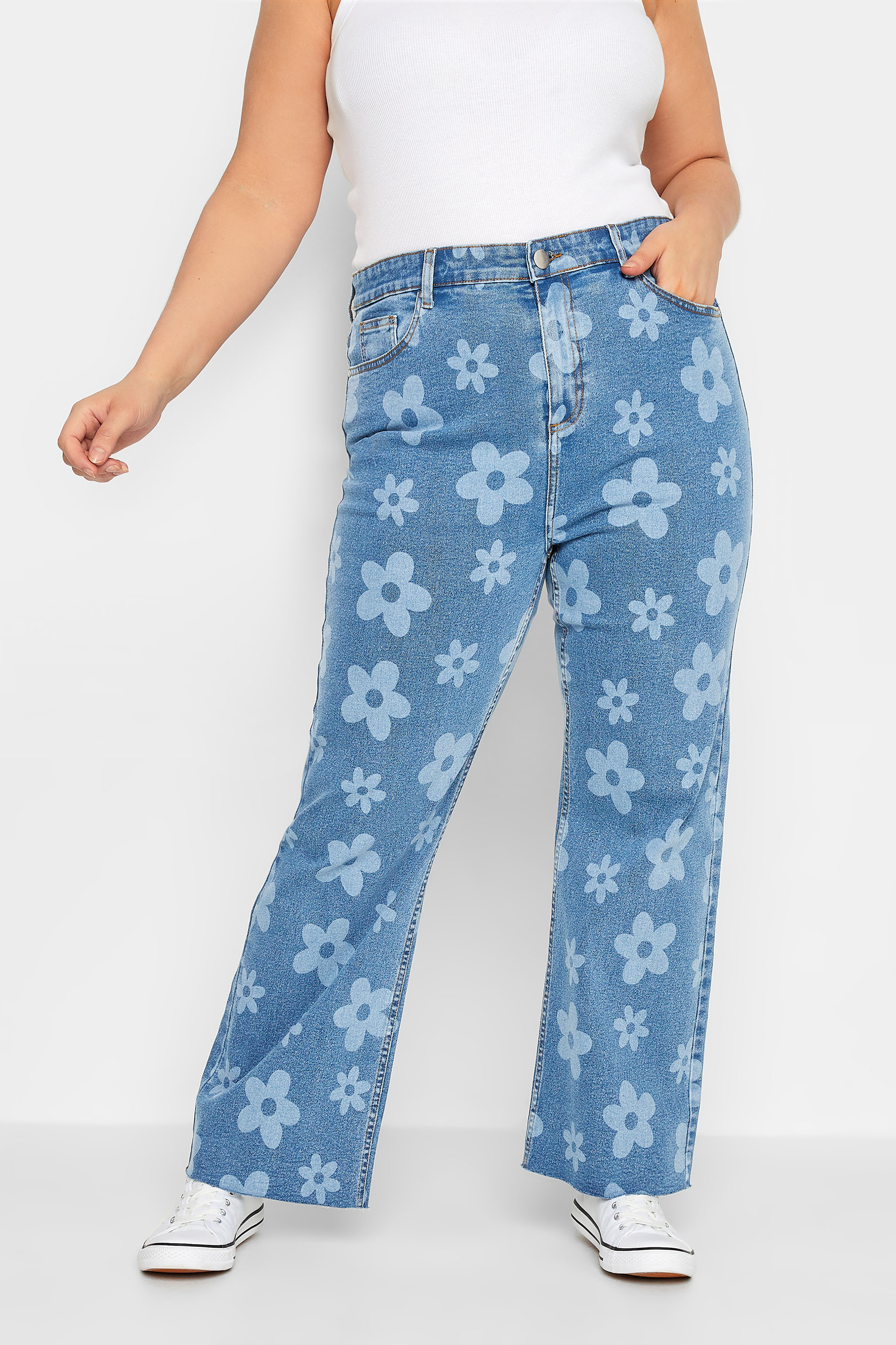 YOURS Curve Plus Size Blue Floral Stretch Wide Leg Jeans | Yours Clothing  2