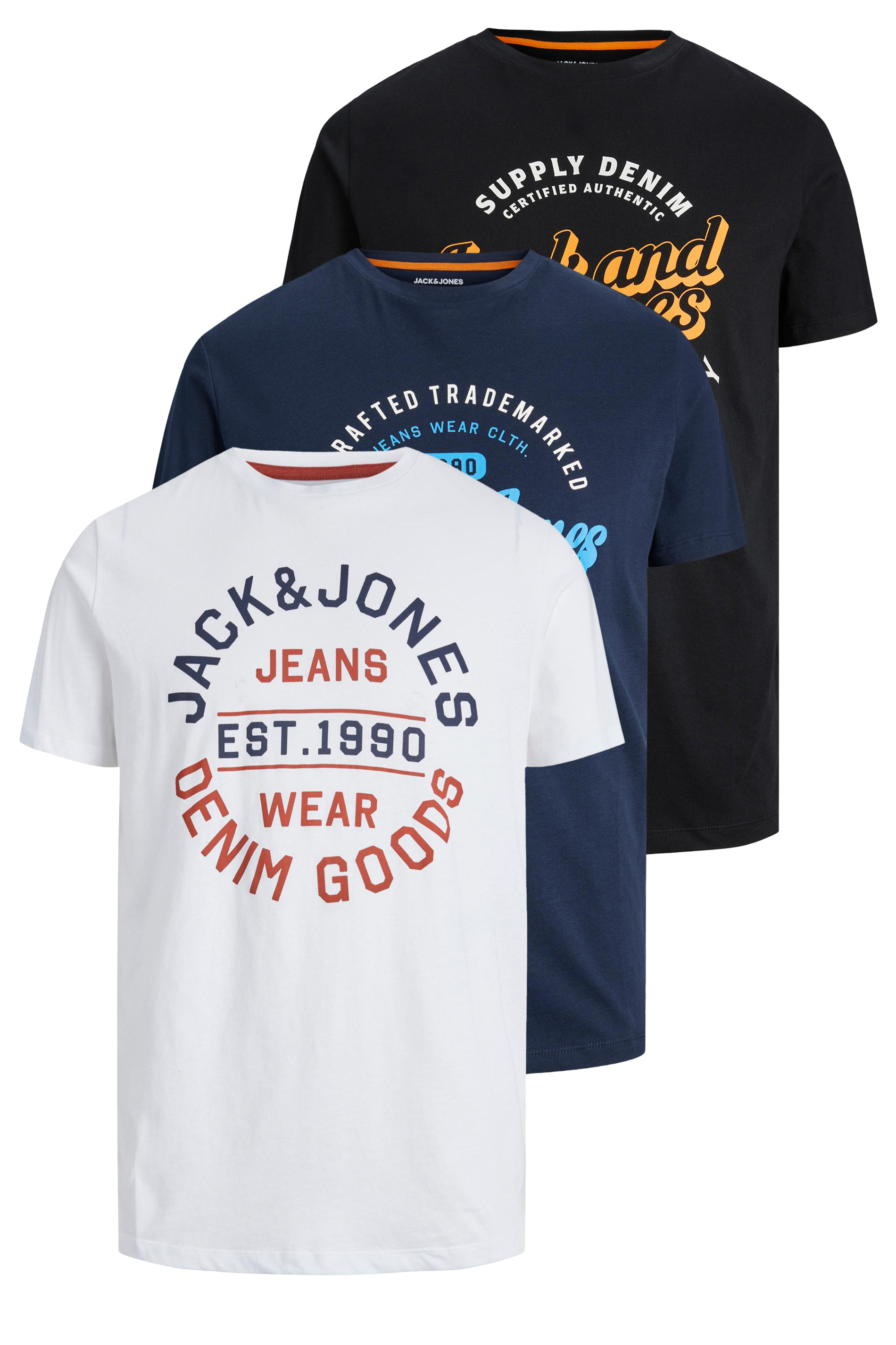JACK & JONES Big & Tall 3 PACK White Logo T-Shirts | BadRhino  3